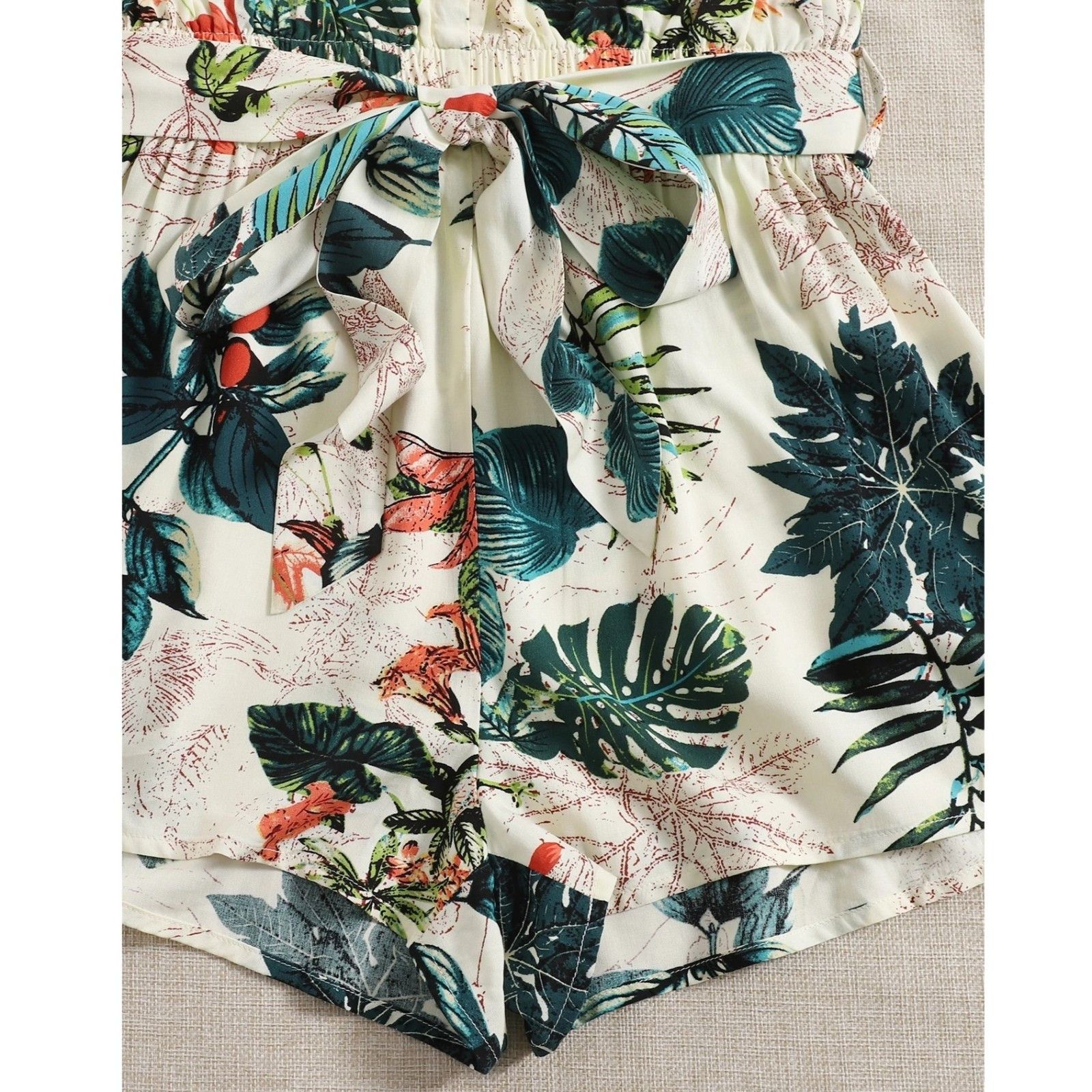 Shein Vcay Tropical Print Paper Bag Waist Belted Tank Romper XS Size 26" / US 2 / IT 38 - 3 Thumbnail