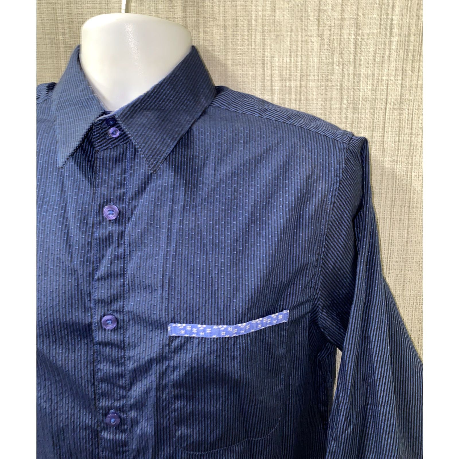 Vintage DaVinci Men’s Long Sleeve Cotton Button-Up Shirt Size M Blue Casual Striped Size US M / EU 48-50 / 2 - 2 Thumbnail