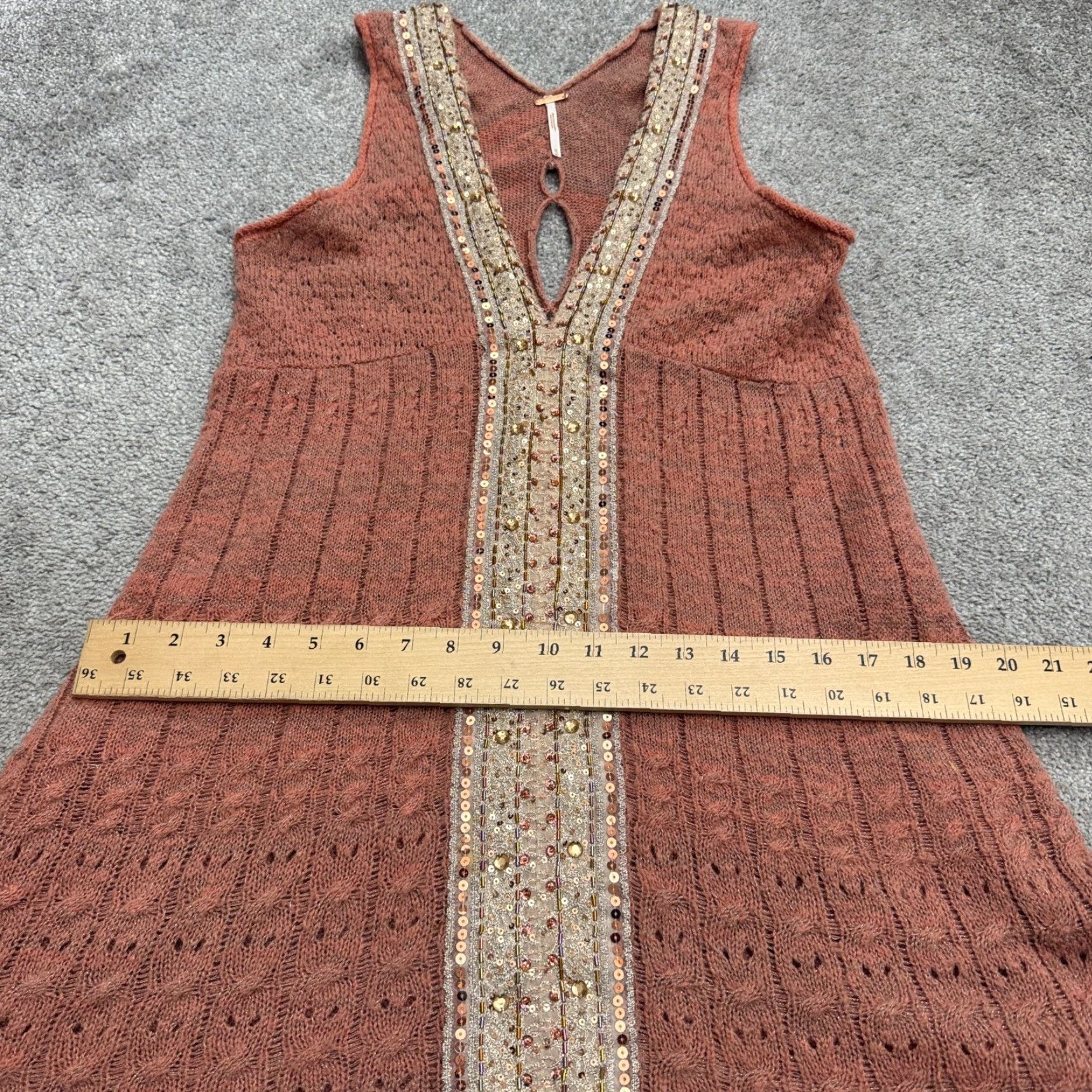 Free People Free People Metallic Knit Sequin Beaded Mini Dress Womens Medium Brown V-Neck Size M / US 6-8 / IT 42-44 - 7 Thumbnail