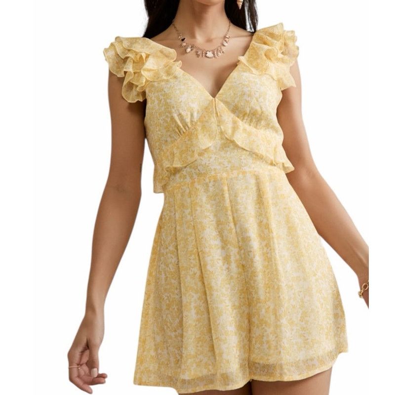 Other Francescas Kadence Yellow V-Neck Flutter Short Sleeve Romper Size 26" / US 2 / IT 38 - 2 Thumbnail