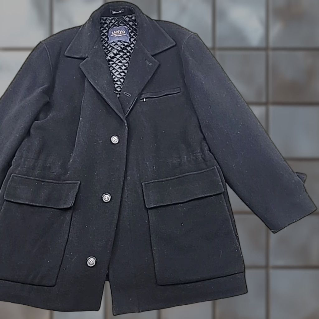 Vintage VINTAGE Sanyo Overcoat Mens Coat Wool Cashmere Blend Trench Long Button Front Large Black Stand-Up Collar Size US L / EU 52-54 / 3 - 1 Thumbnail