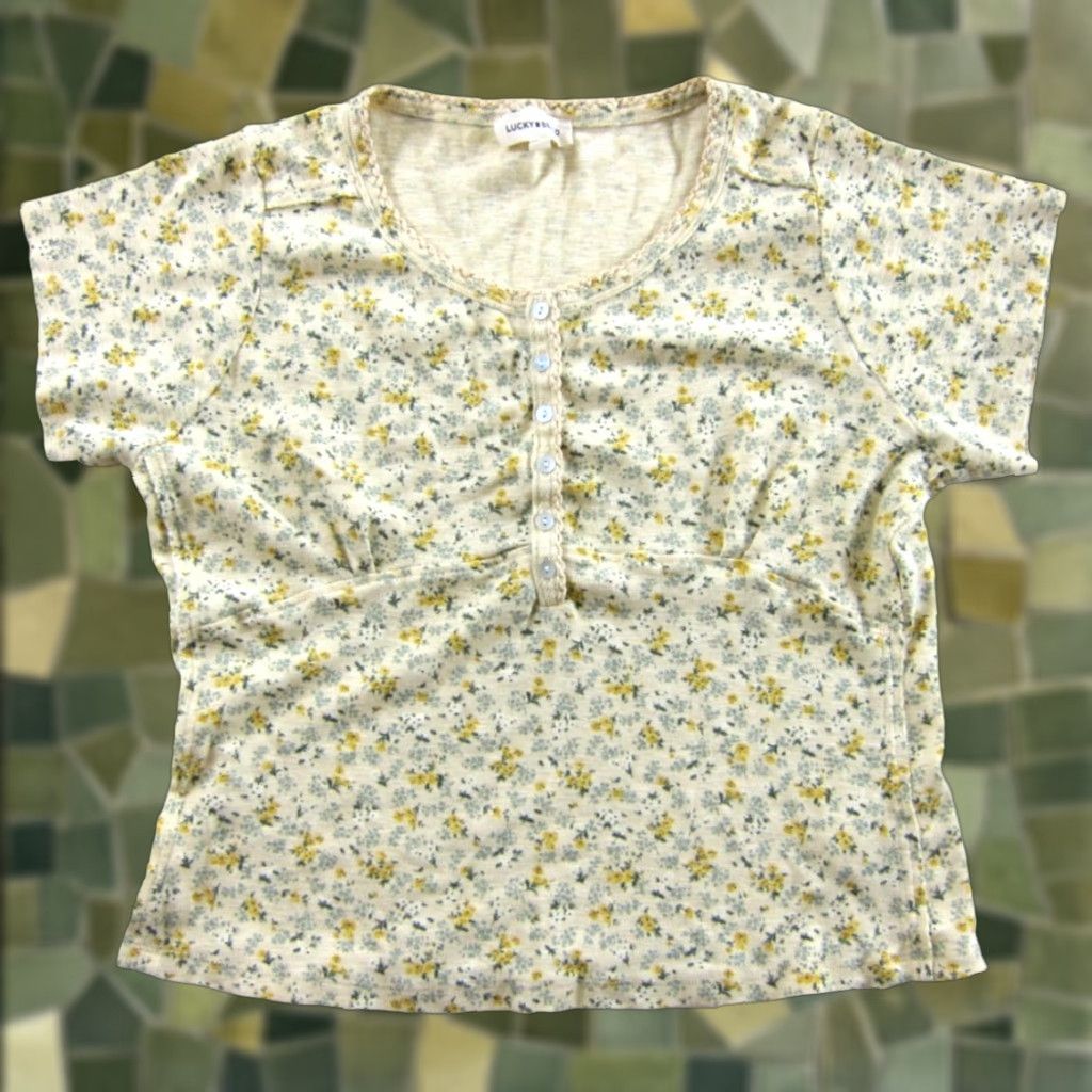 Lucky Brand Lucky Brand Yellow Green Yellow Floral Jersey Knit Short Sleeve Top Blouse XL Size XL / US 12-14 / IT 48-50 - 1 Thumbnail