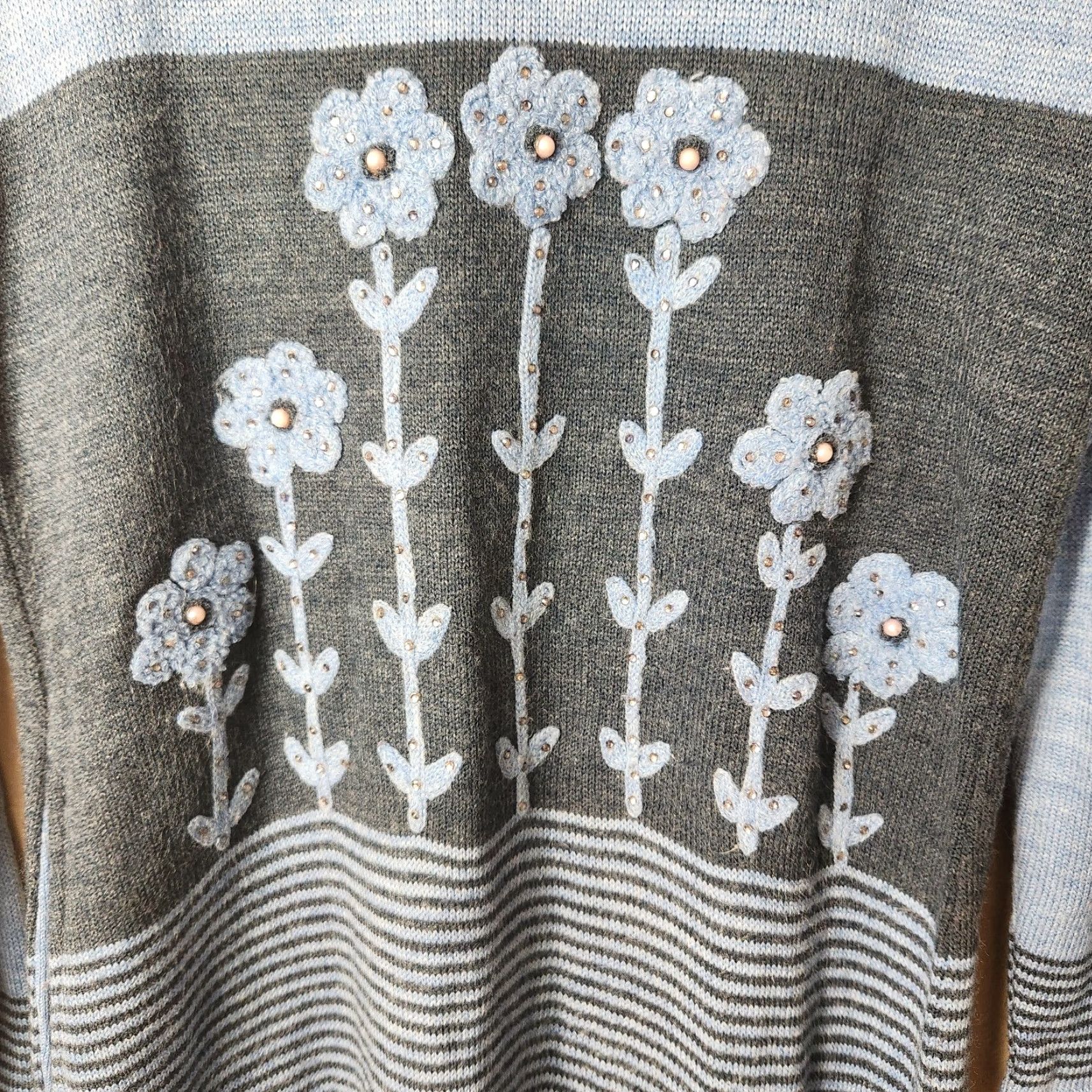 Vintage VINTAGE Flowers Gaarvi Blue/Gray Stripe Floral Long Sleeve Wool Blend Midi Dress-Size M Shirt Womens Size M / US 6-8 / IT 42-44 - 5 Thumbnail