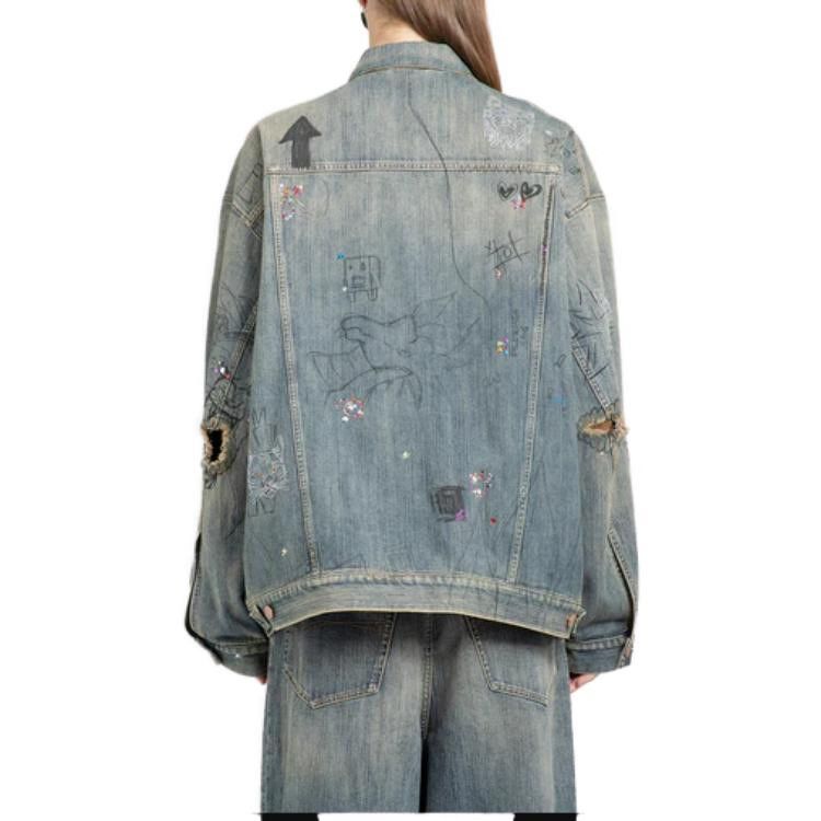 Balenciaga o1w1db10625 Scribble Oversized Jacket in Blue Size S / US 4 / IT 40 - 3 Thumbnail
