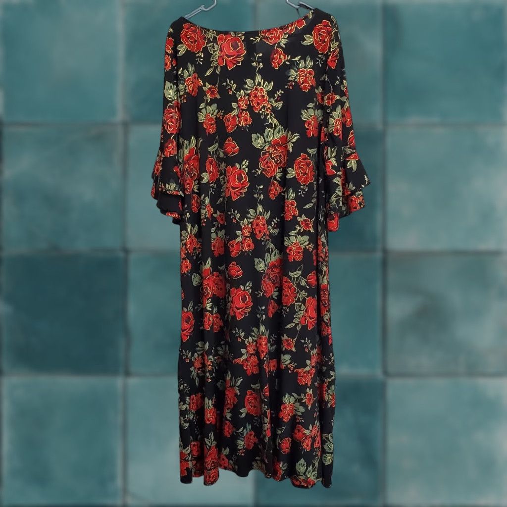 Vintage Catherines Dress Womens 2X Black Floral Ruffle Sleeve Pullover Knee Length Round Neck Womens Size XXL / US 16-18 / IT 52-54 - 1 Thumbnail