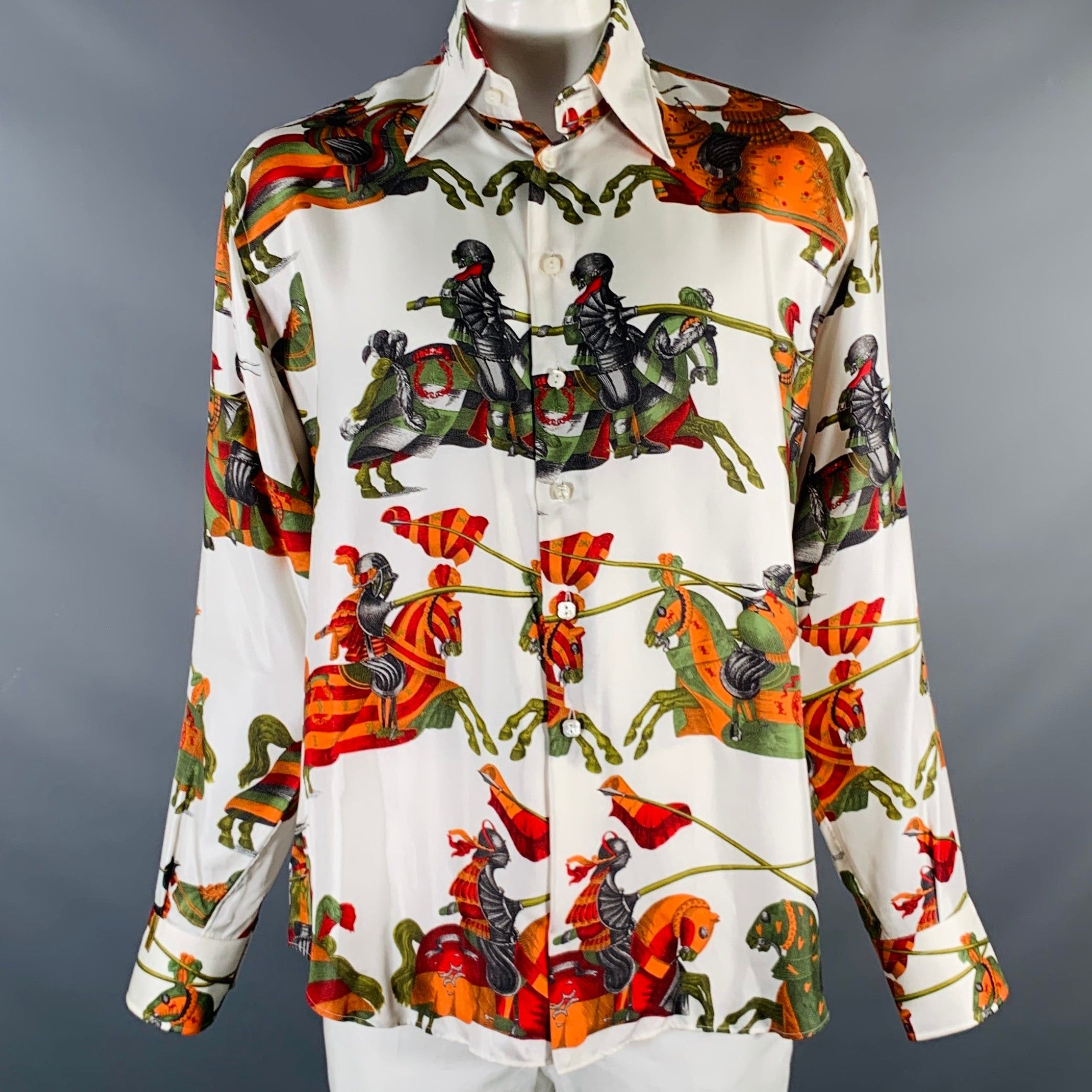 image of Billionaire Couture White Green Orange Print Silk Long Sleeve Shirt, Men's (Size XL)