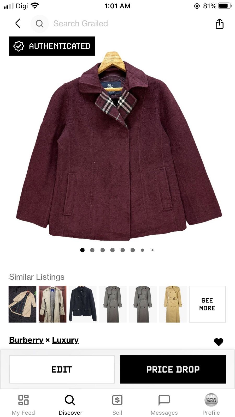 Burberry Burberry London Nova Check Maroon Wool Coat Jacket