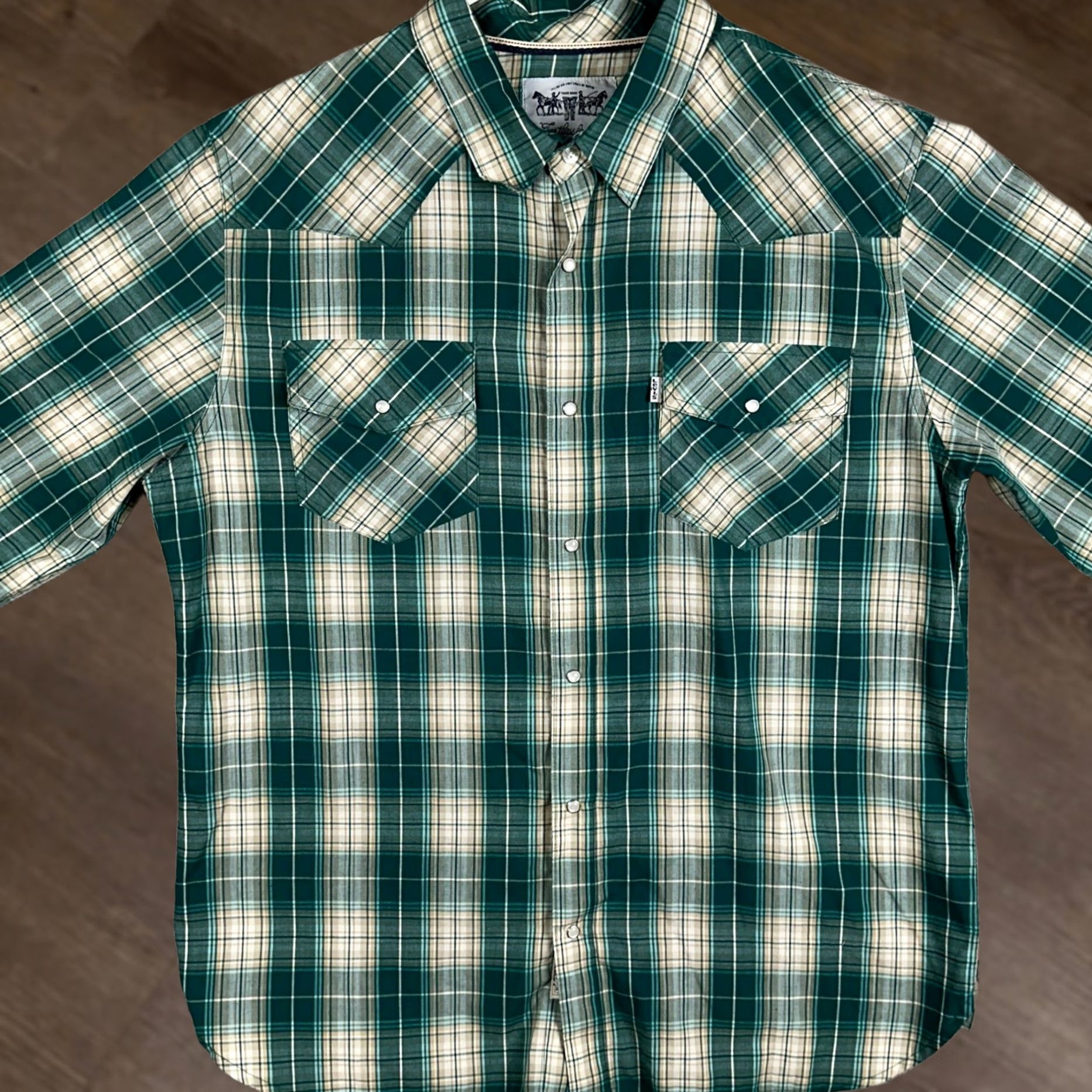 Levi's Levis Shirt Mens Large Green Tan Western Pearl Snap Plaid Button Up Flap Pockets Size US L / EU 52-54 / 3 - 1 Thumbnail