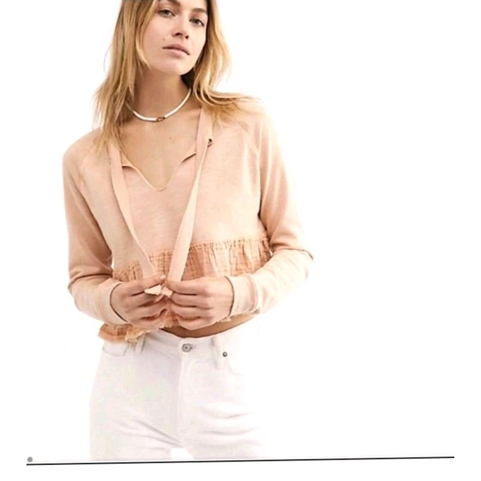 Free People Free People Sweet Jane Pink Tie V-Neck Long Sleeve Sweatshirt Top Size S Womens Blouse Pink Tie V-Neck Long Sleeve Casual Shirt - 400 Size S / US 4 / IT 40 - 3 Thumbnail