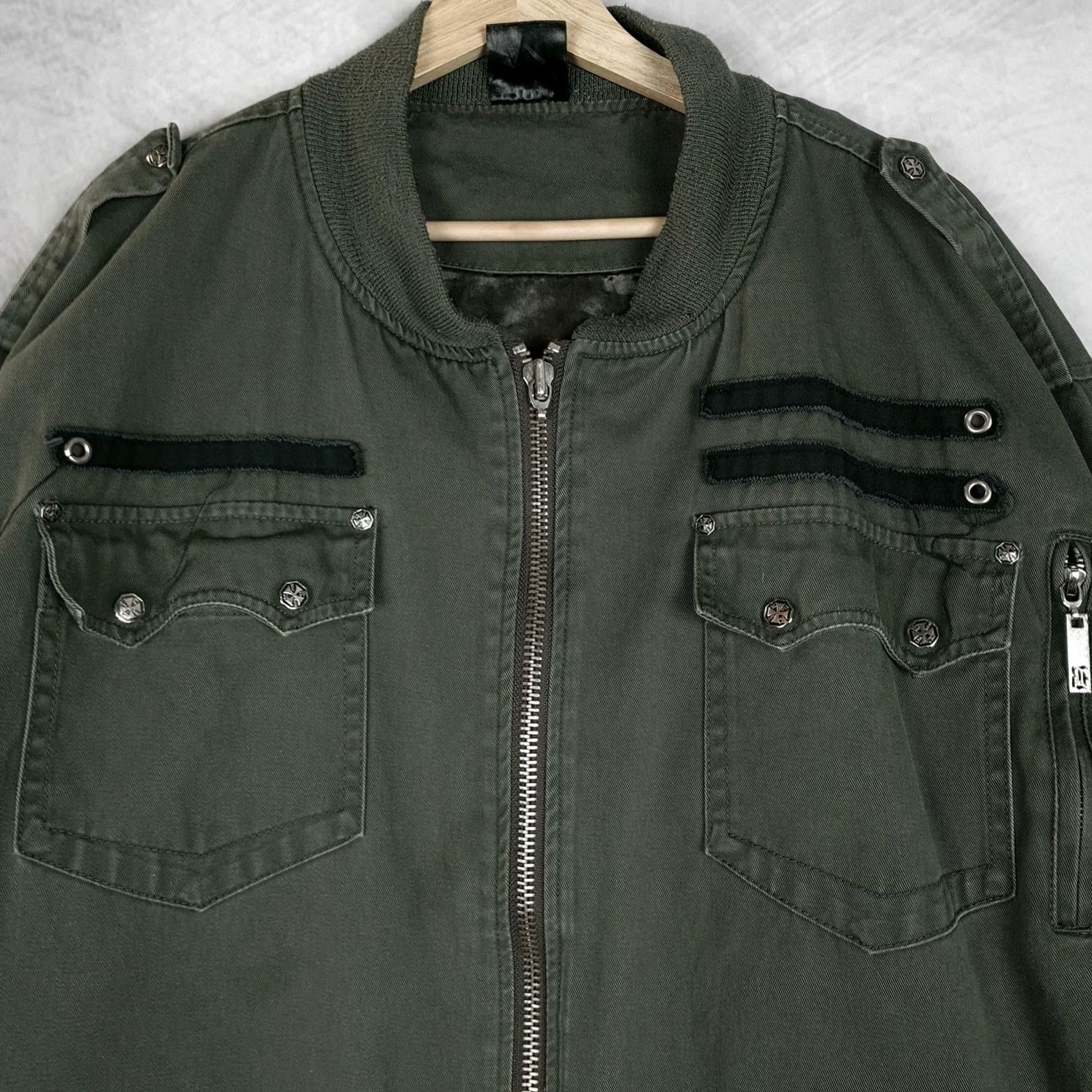 Affliction Blac Label Bomber Jacket Mens 3XL Green Gothic Skull Biker Studded Affliction Size US XXL / EU 58 / 5 - 3 Thumbnail