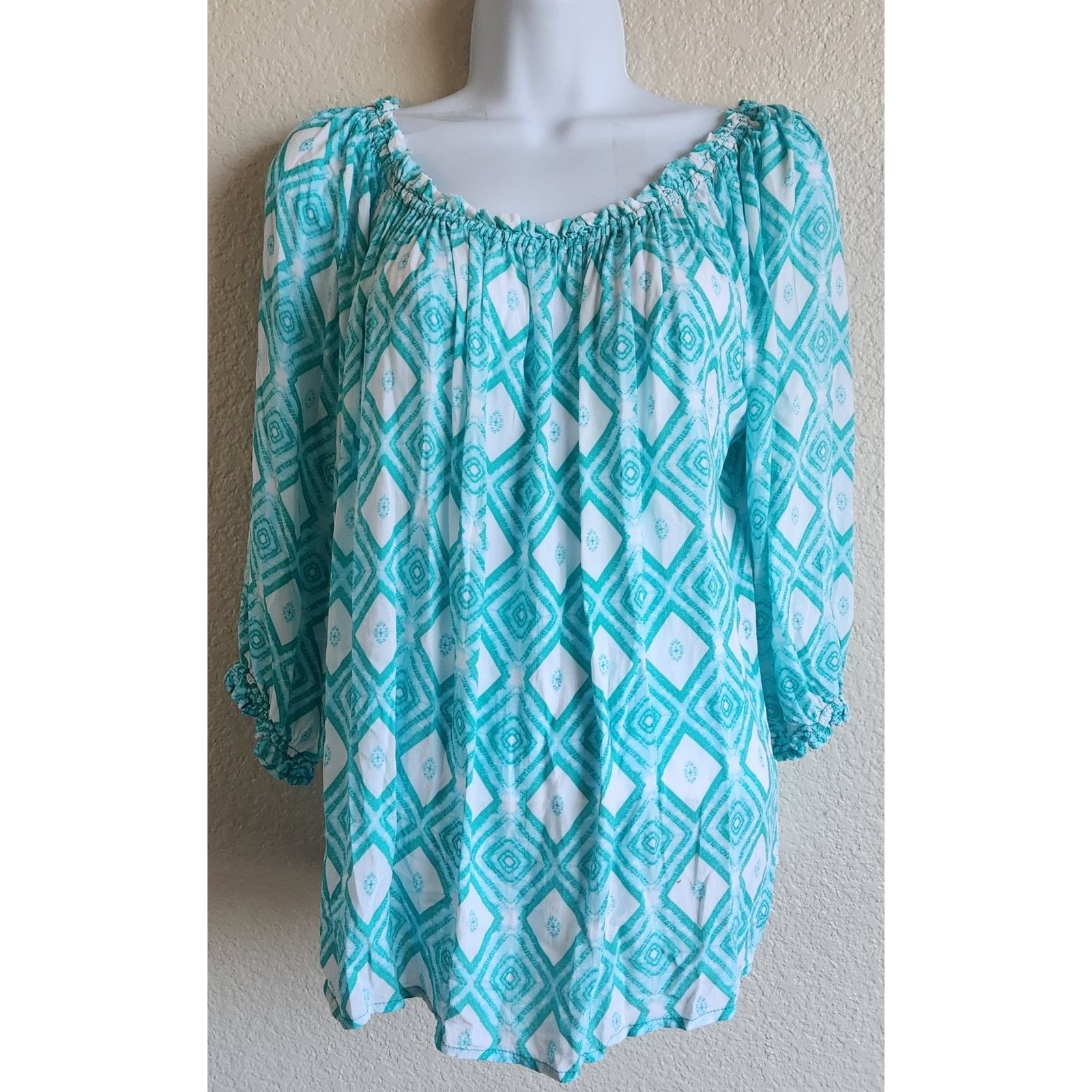 Other Grand & Greene Teal White Diamond Print Pleated Top XL Size XL / US 12-14 / IT 48-50 - 1 Thumbnail