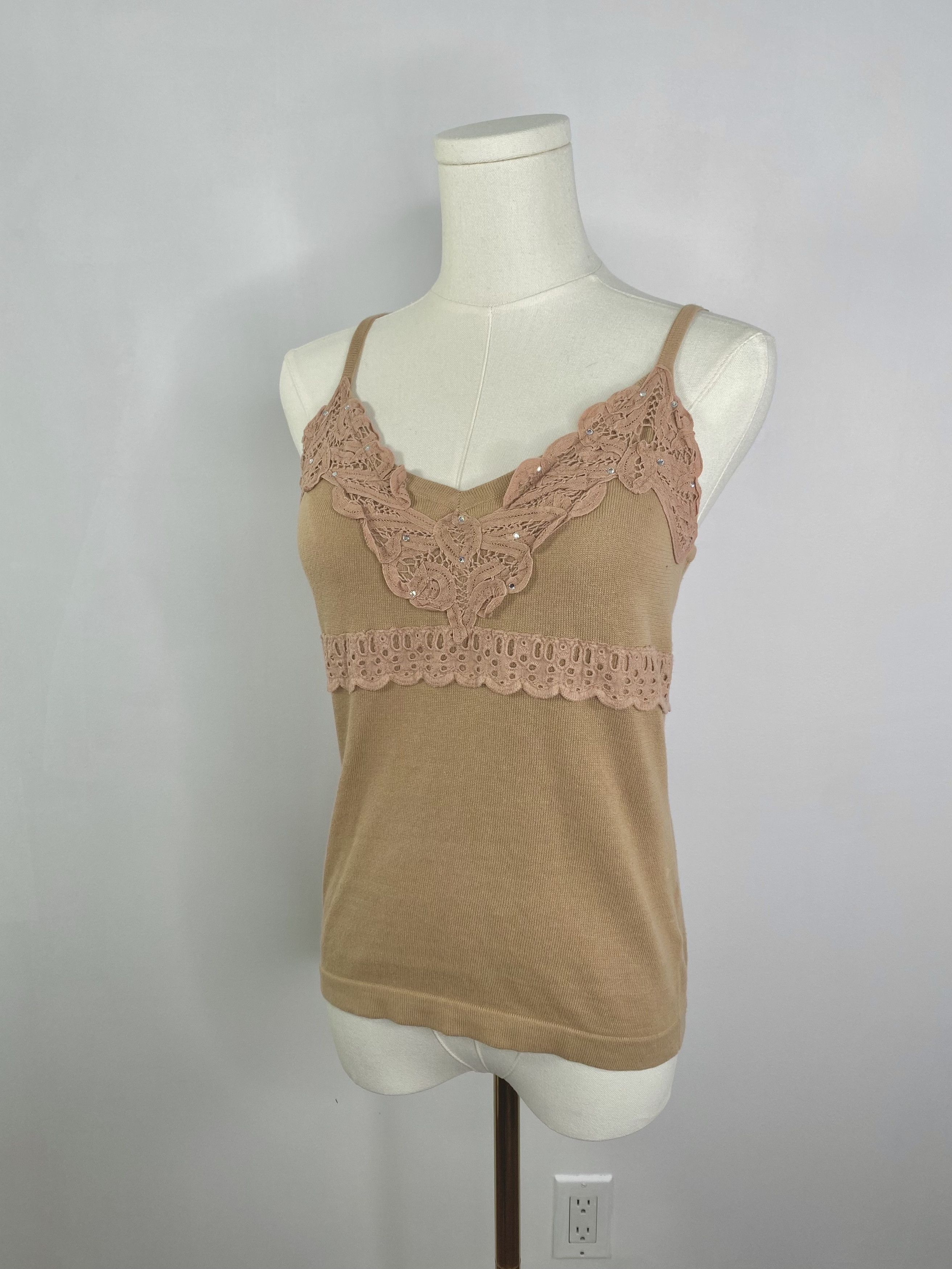 Vintage Sandra Angelozzi - Beige Cotton Floral Lace Tank Top Size M / US 6-8 / IT 42-44 - 3 Thumbnail