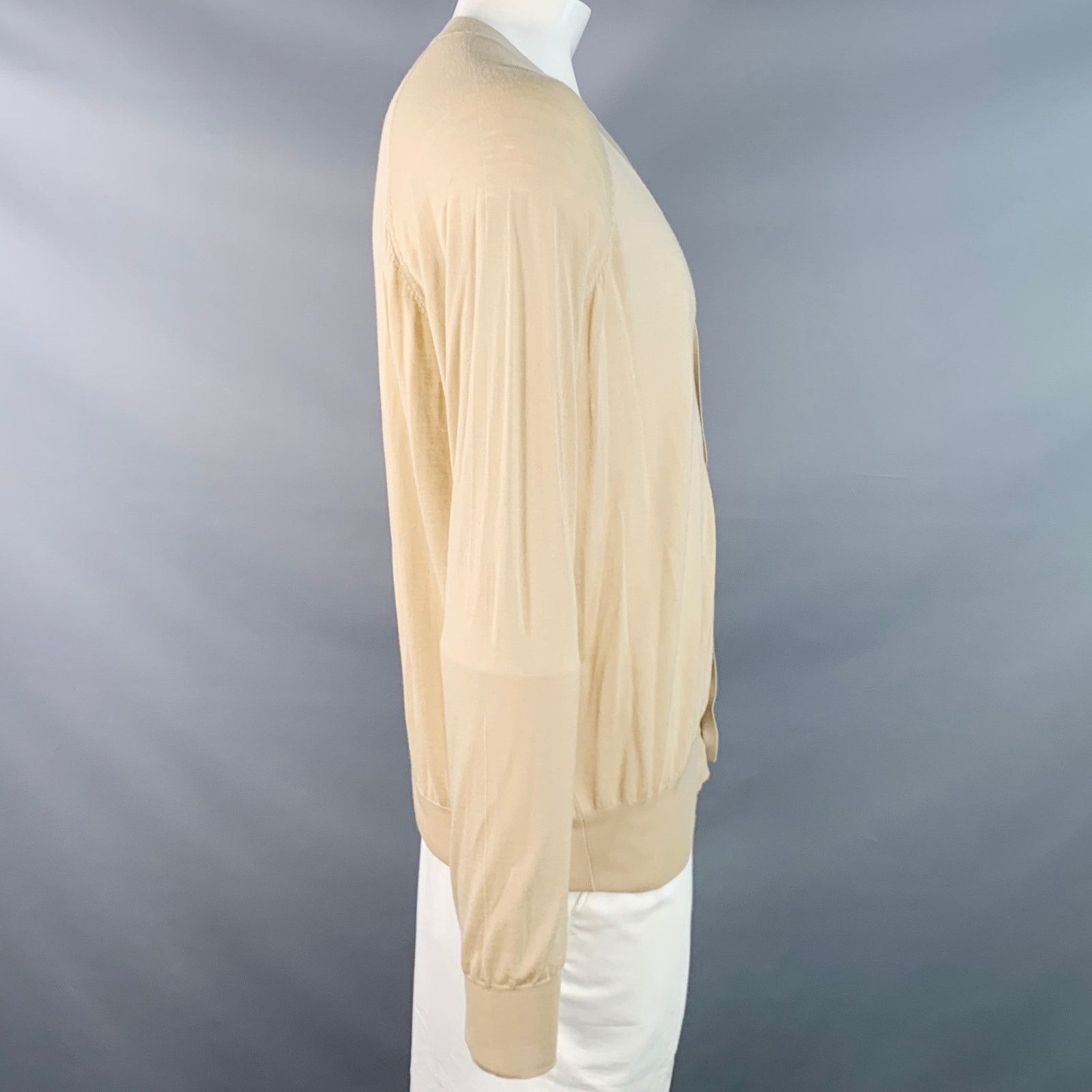 Prada PRADA Size L Beige Virgin Wool Sheer Knit V-Neck Cardigan Size US L / EU 52-54 / 3 - 2 Thumbnail