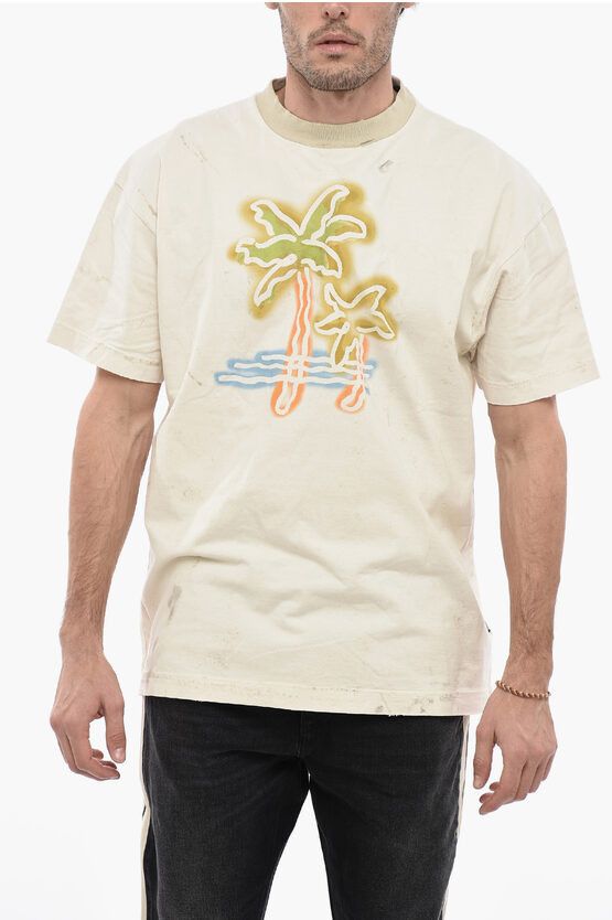 image of Palm Angels Vintage Effect Crew-Neck T-Shirt in Beige, Men's (Size XS)