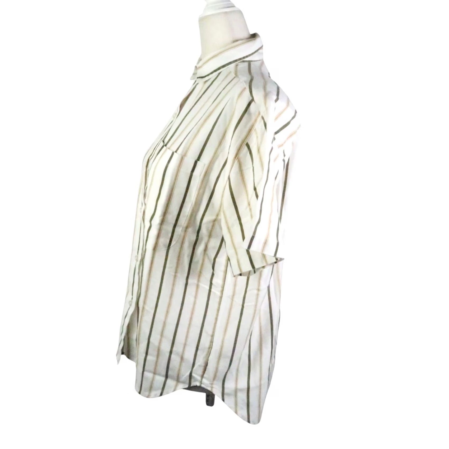 Levi's VINTAGE Levi's Cream Tan Green Stripe Short Sleeve Button-Down Top Shirt Womens Medium 70s 70s Cotton Collared Size M / US 6-8 / IT 42-44 - 3 Thumbnail