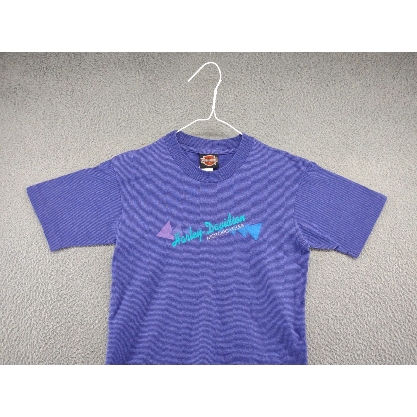 Harley Davidson VINTAGE Harley-Davidson T-Shirt Mens Small Purple Pinstripe Single Stitch 1993 USA Made Motorcycle Graphic Print Crew Neck Short Sleeve Size US S / EU 44-46 / 1 - 3 Thumbnail