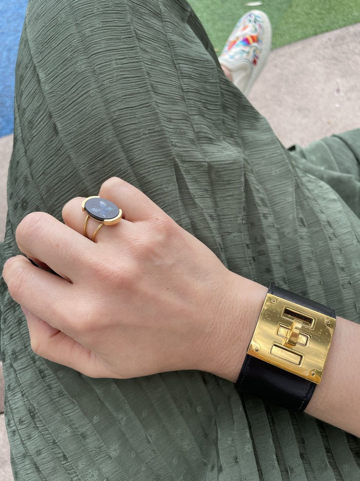 Authentic Hermes Kelly Dog Bracelet In Black Leather/Gold