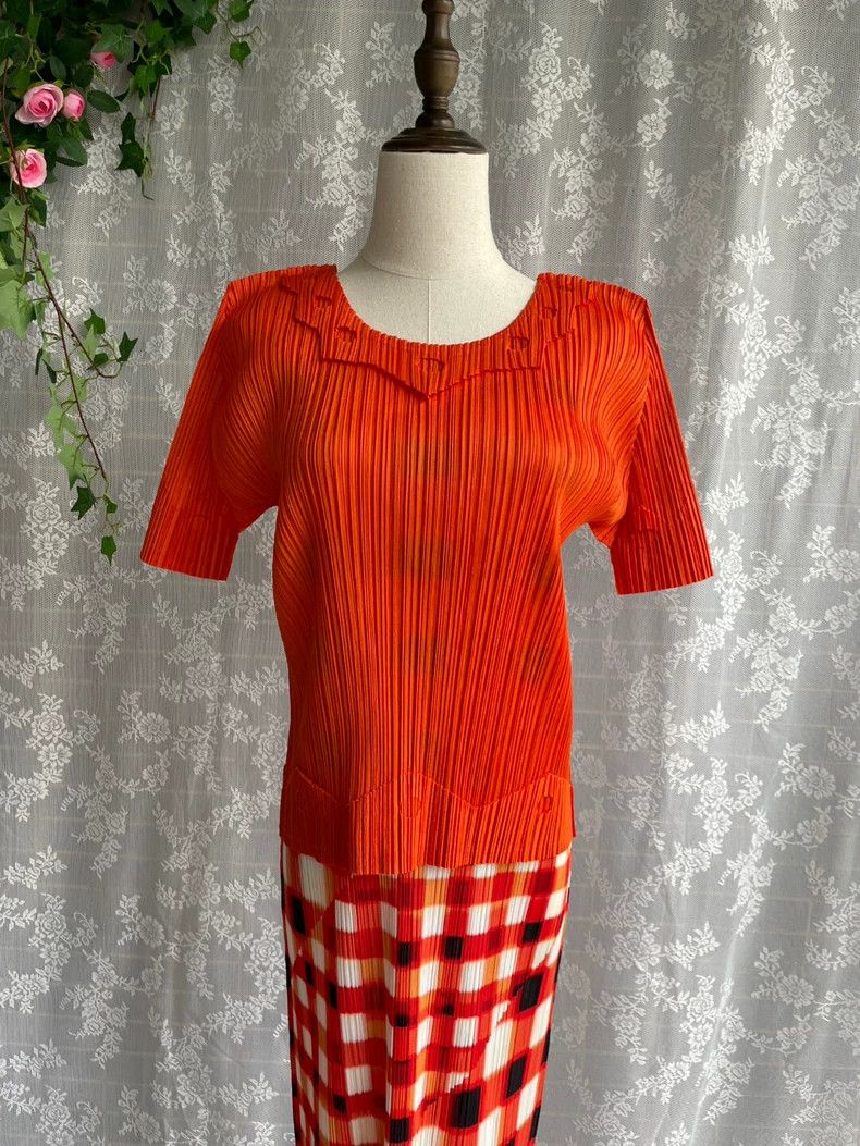 Issey Miyake Issey Miyake size:3 Orange lace collar short-sleeved top Size M / US 6-8 / IT 42-44 - 3 Thumbnail