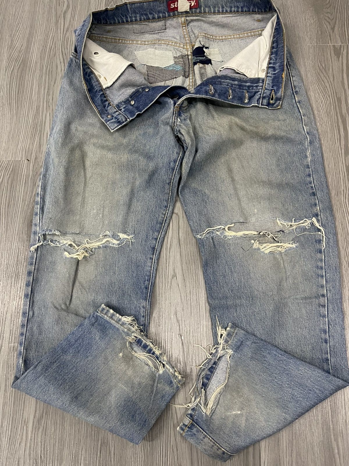 Stussy × Vintage Rip distressed rework Stussy denim Size US 33 - 8 Thumbnail