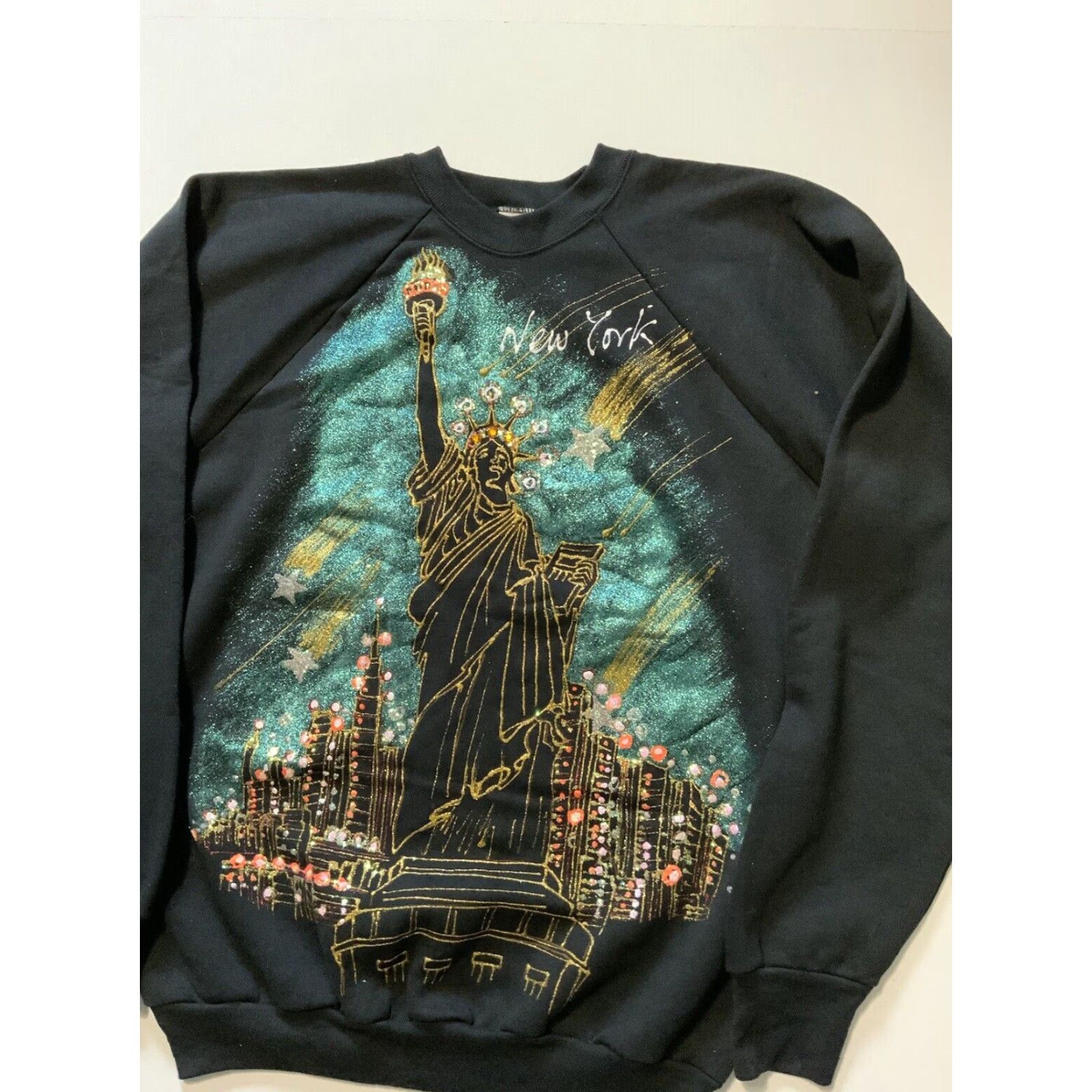 Fruit Of The Loom VINTAGE 80s New York Statue Of Liberty Glitter Painted 50/50 Crewneck Sweatshirt Mens XL Black Size US XL / EU 56 / 4 - 3 Thumbnail