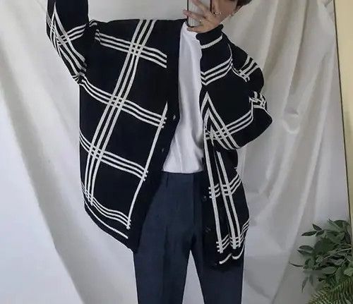 image of Flannel Graphic Pattern Detail Black Cardigan Sweater, Men's (Size XL)
