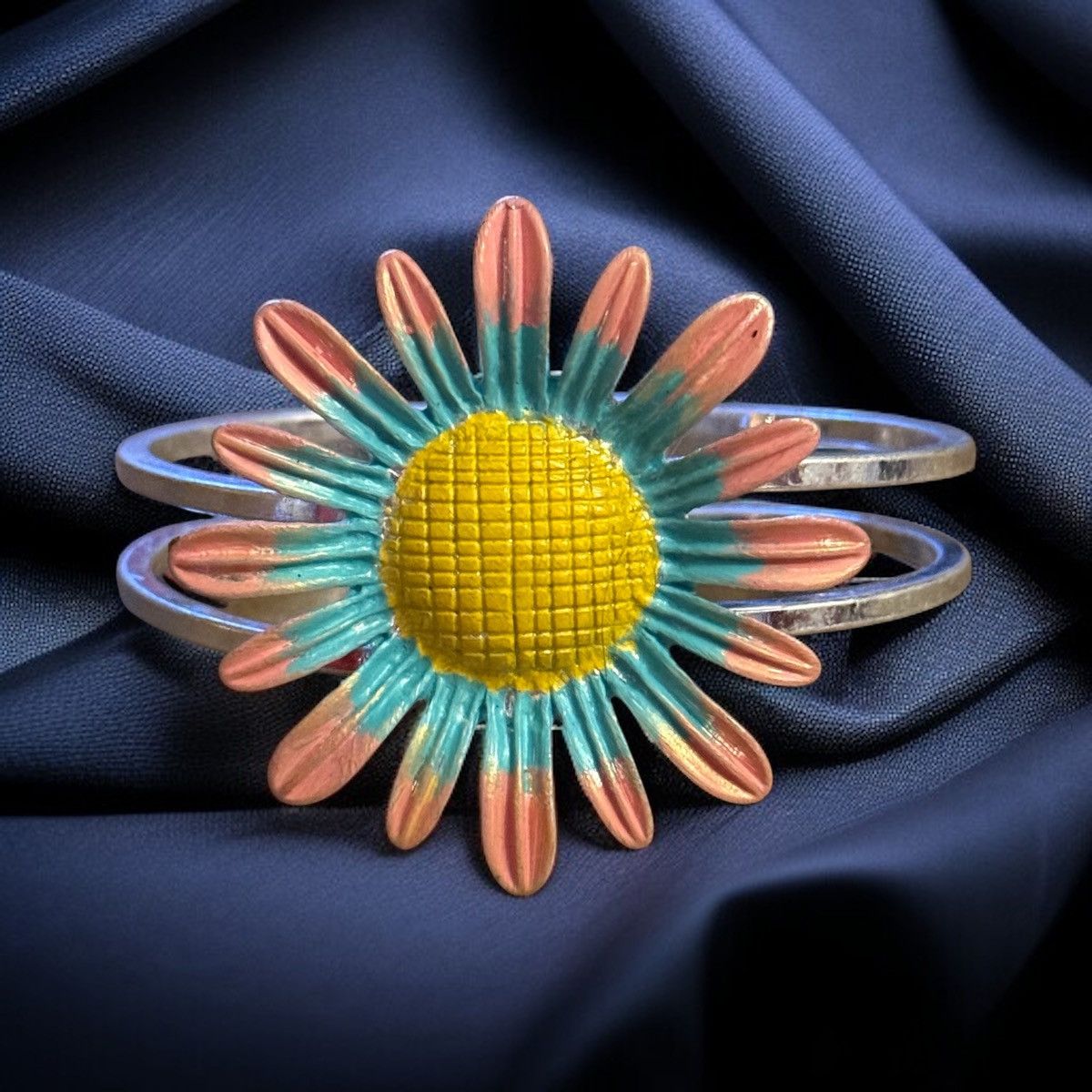 Other Silver tone pink and turquoise sunflower clamper bracelet Size ONE SIZE - 1 Thumbnail