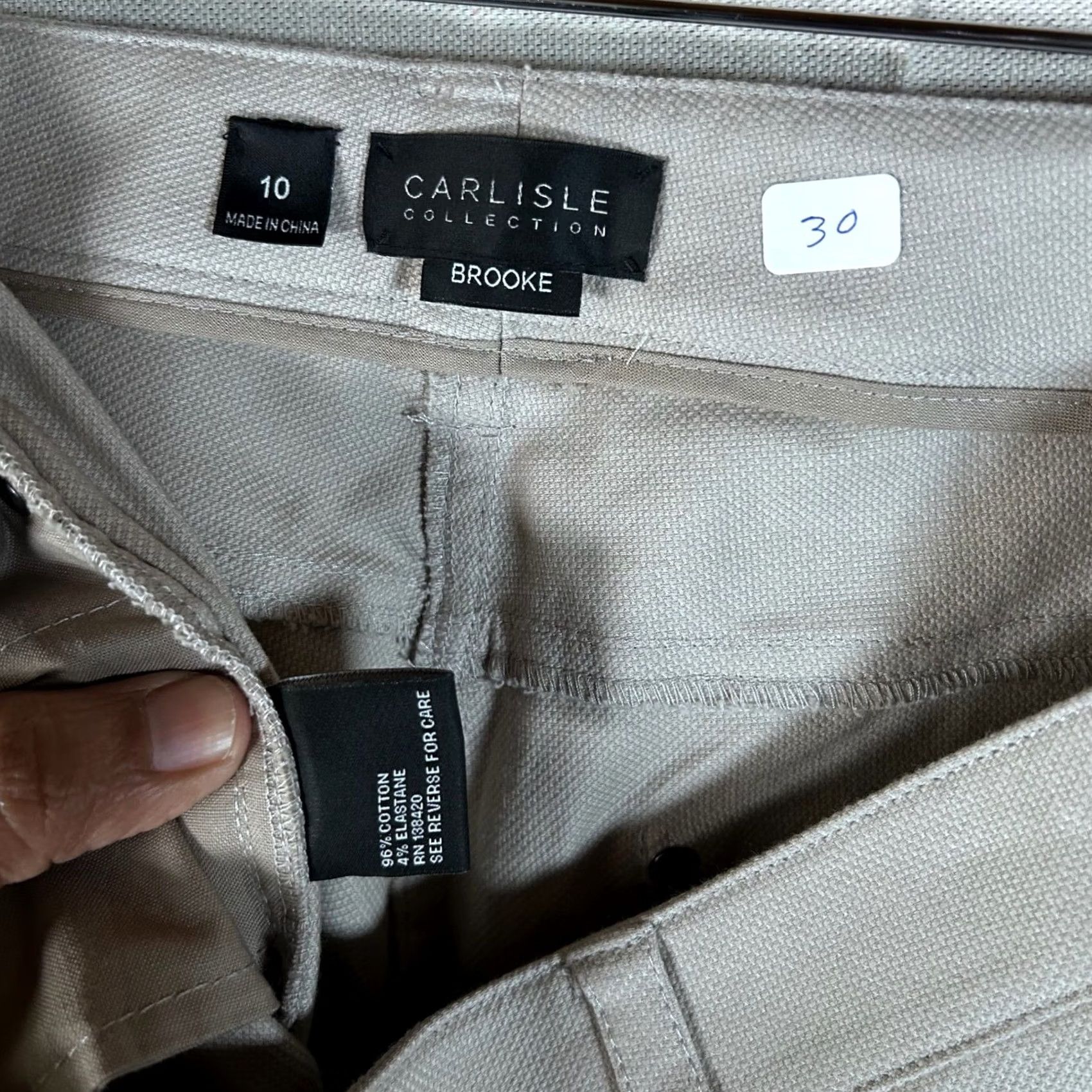 Vintage Carlisle Collection Brooke Pants Womens 10 Taupe Cotton Stretch Slim Leg Trouser Slim Front Pockets Dress Pants Size 32" / US 10 / IT 46 - 2 Thumbnail