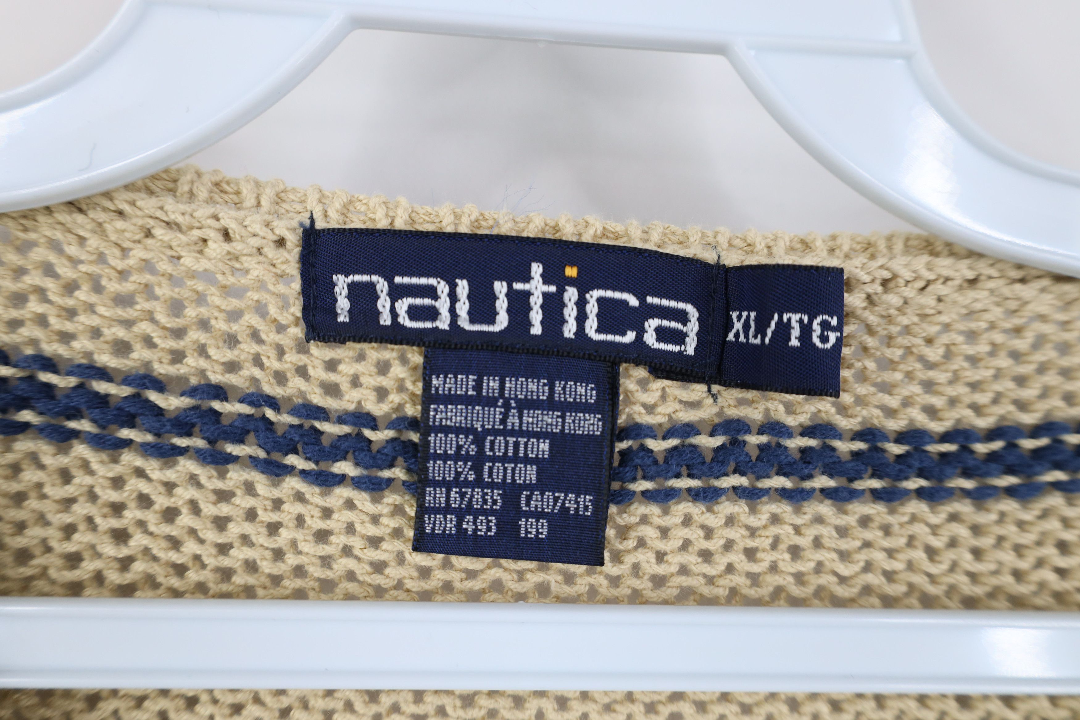 Vintage 90s Nautica Cotton Knit Striped V-Neck Sweater Beige