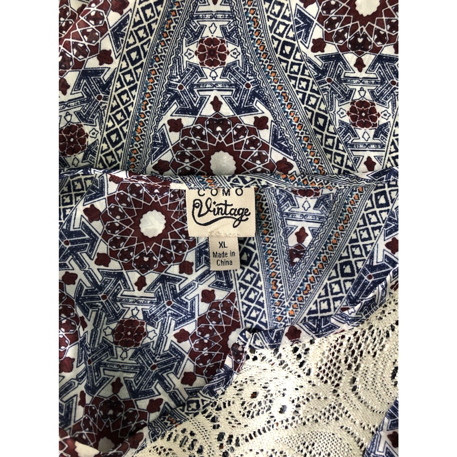 Vintage VINTAGE Vintage Como Boho Peasant Top XL Blue Crochet Lace Geometric Crochet Balloon Sleeve 3/4 Sleeve V-Neck Shirt Womens Size XL / US 12-14 / IT 48-50 - 4 Thumbnail