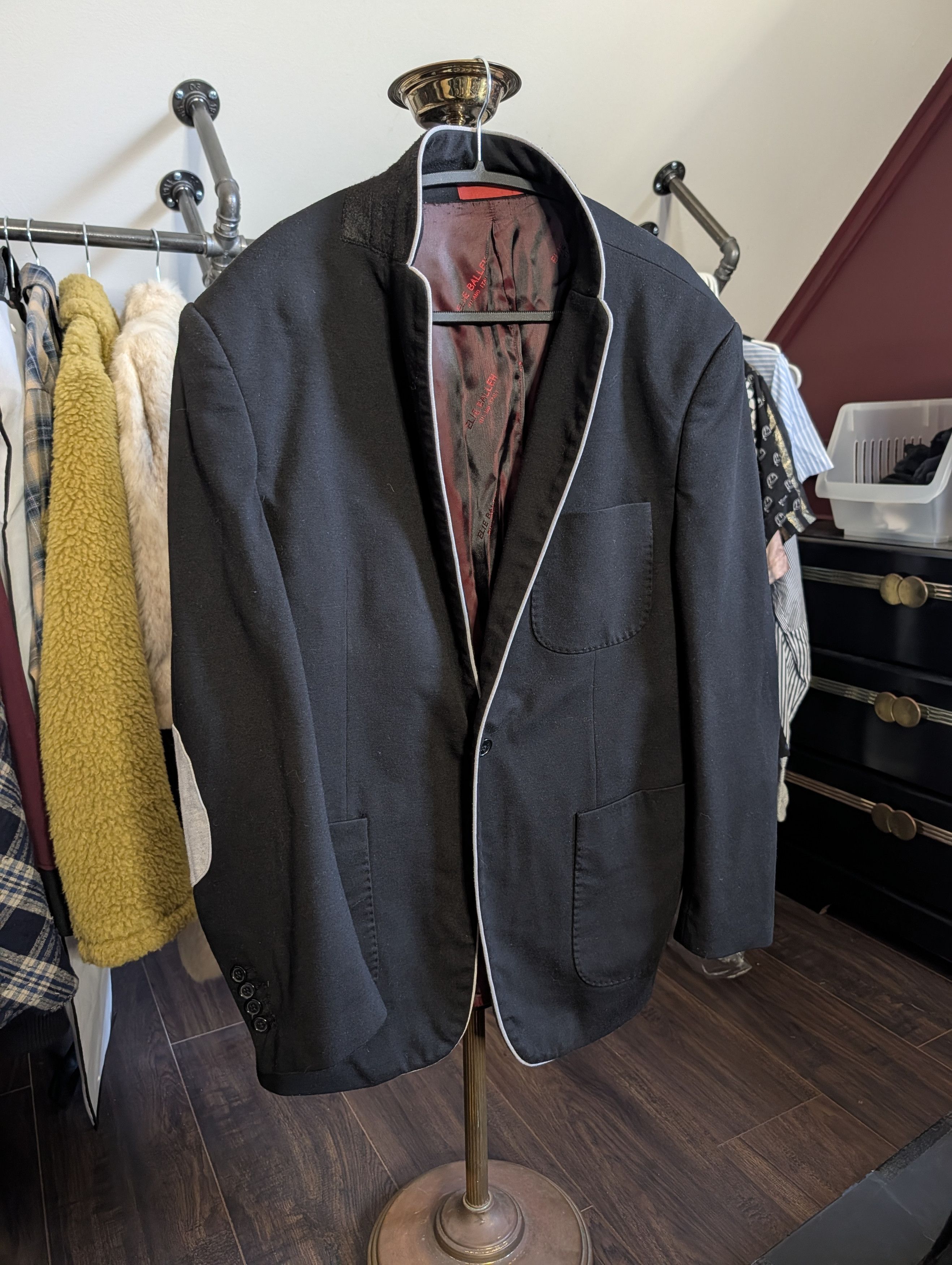 Elia Maurizi ELIE BALLEH Black fleece elbow patch smoking jacket Size 42R - 1 Thumbnail