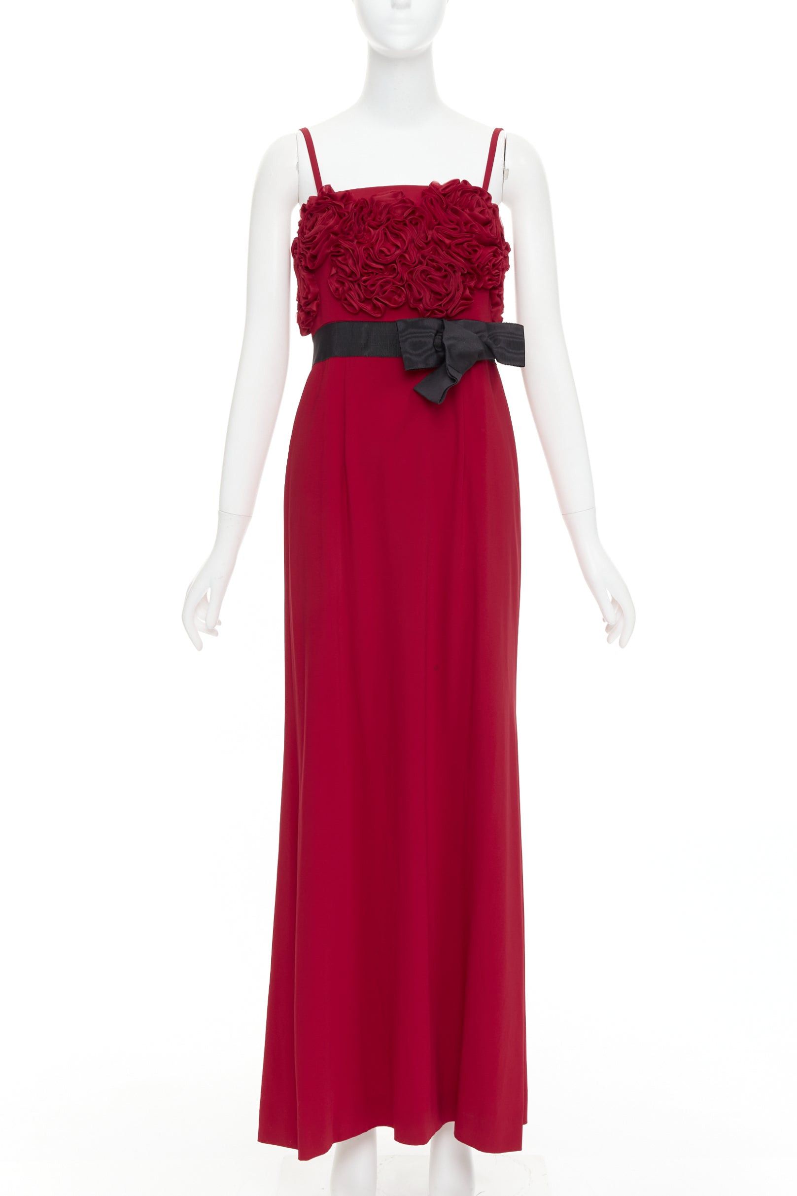 Valentino VALENTINO red Rosette ruffle boned bust black bow belt midi gown IT40 S Size S / US 4 / IT 40 - 1 Thumbnail