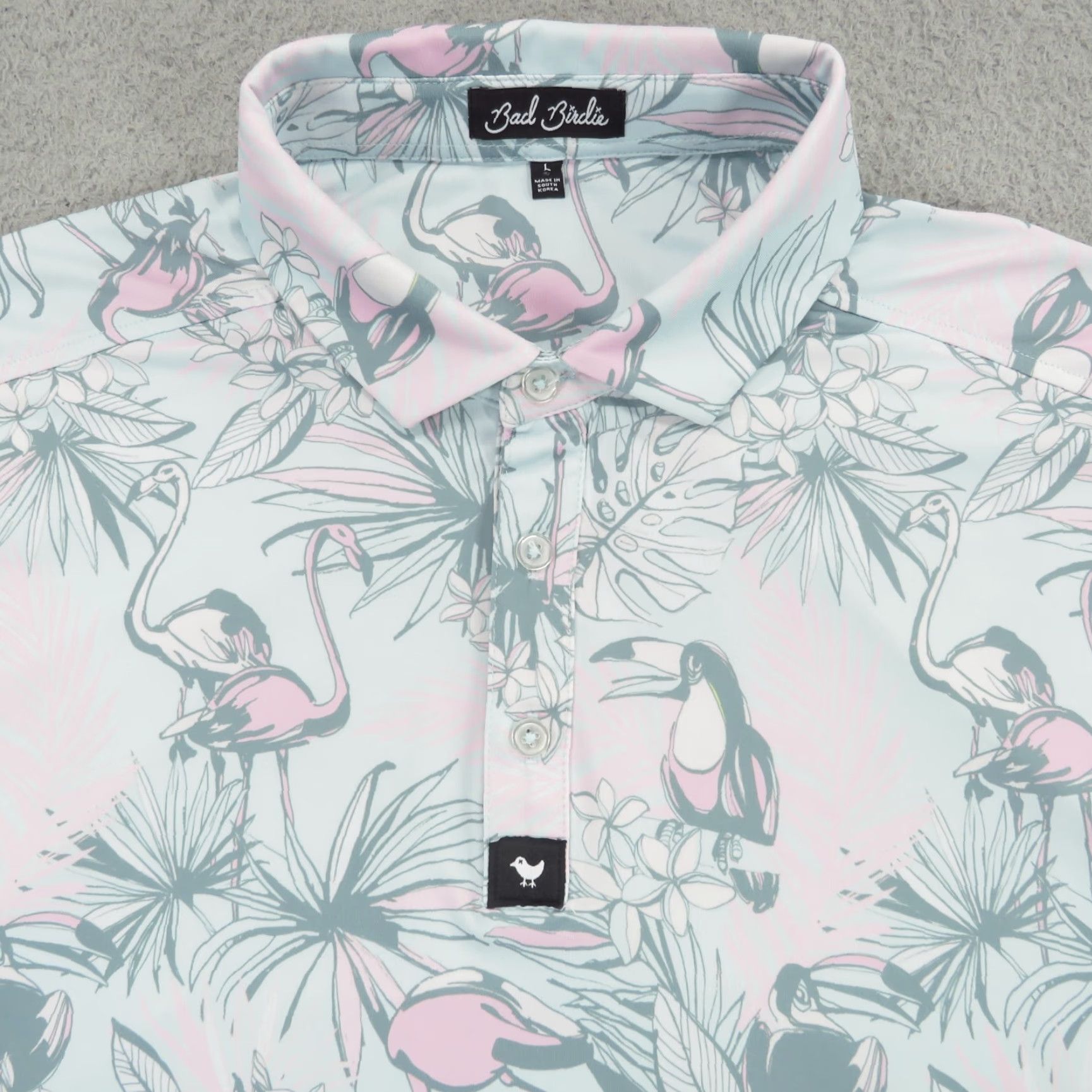Vintage Bad Birdie Polo Mens Large Pink Mint Tropical Flamingo AOP Floral Performance Polo Shirt Mens Garden Tropical Size US L / EU 52-54 / 3 - 2 Thumbnail