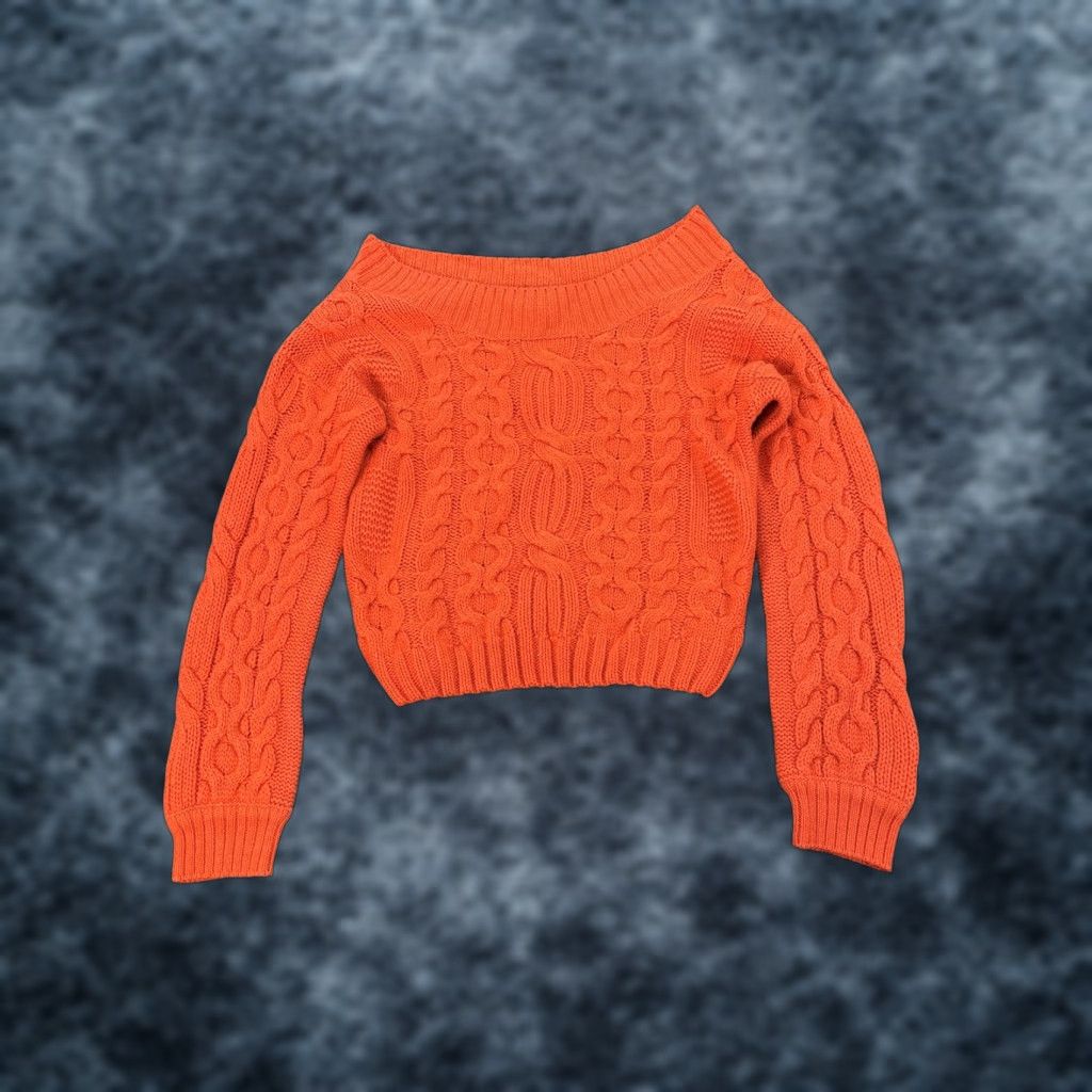 Vintage VINTAGE Poof Orange Cable Knit Boho Cropped Sweater Womens Large Knit Pullover Boat Neck 90s Size L / US 10 / IT 46 - 1 Thumbnail