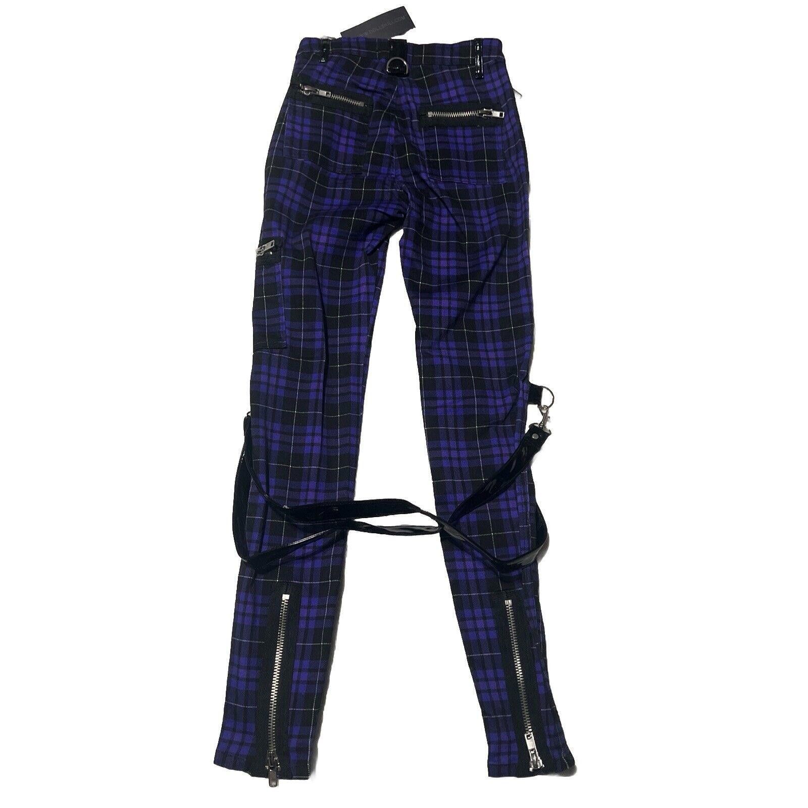 Designer Widow Plaid Bondage Pants Black Purple High Rise Suspenders Size 26" / US 2 / IT 38 - 7 Thumbnail