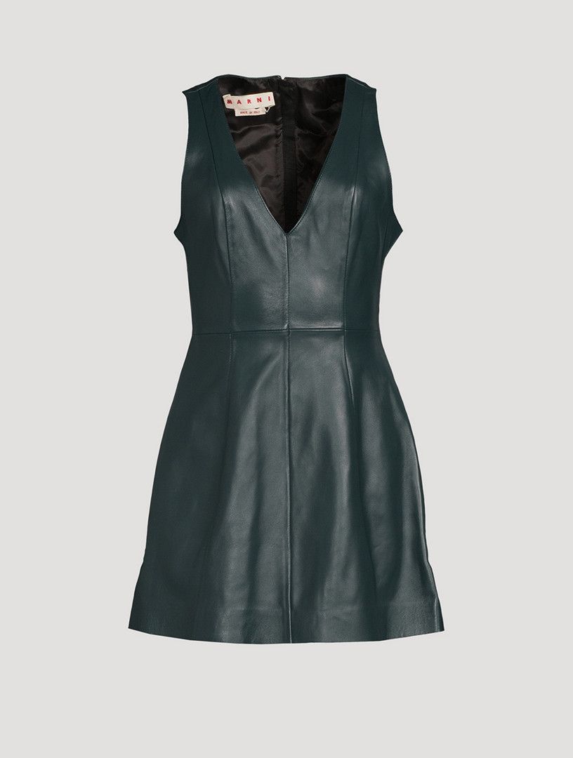 oc11z0525 Leather Dress With V-Neck in Green