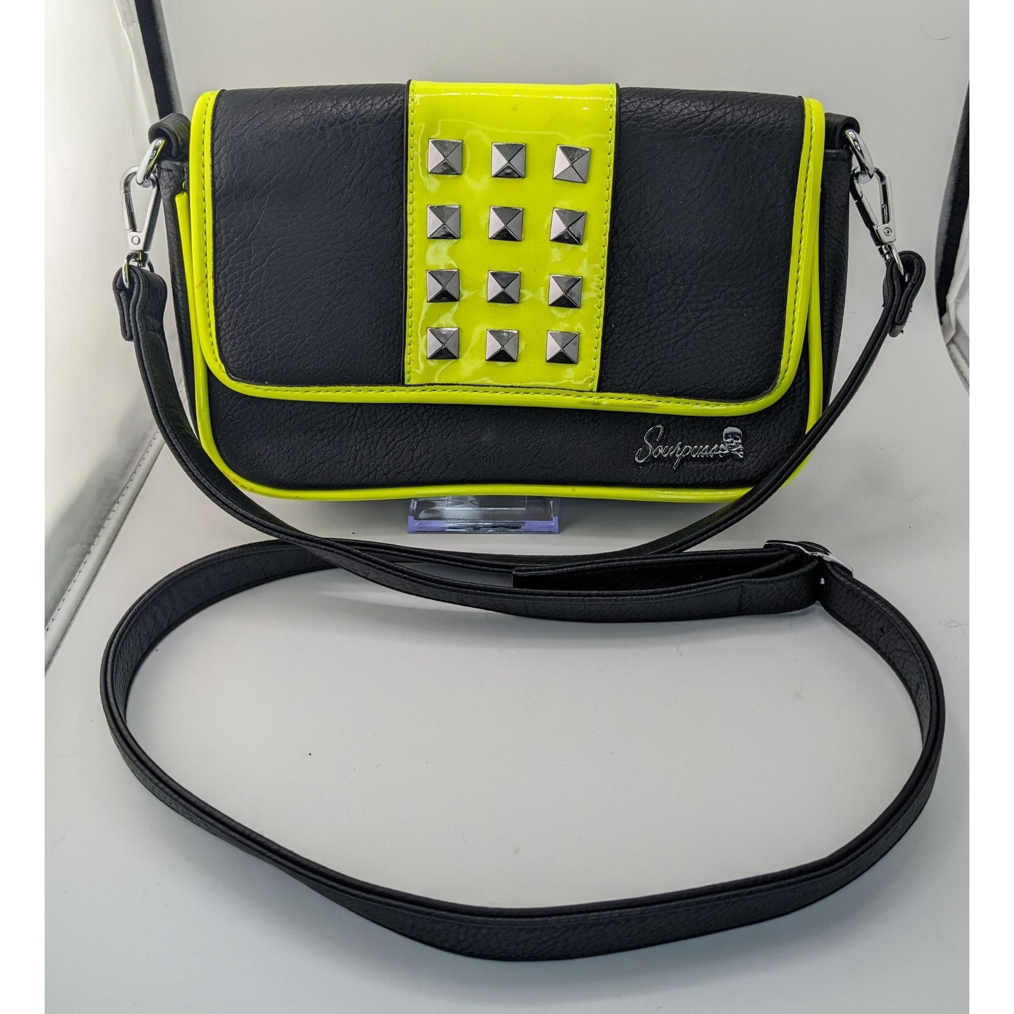 Other Sourpuss Black & Neon Yellow Studded Crossbody Purse Faux Le Size ONE SIZE - 6 Thumbnail