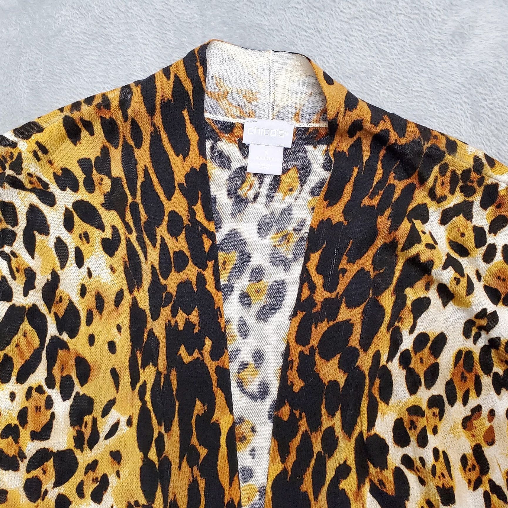 Vintage Chicos Womens Sweater Cardigan Open Front Knit Gold Cat Print Sz 1 US 8 Regular Shirt Womens Mens Girls Boys Size XS / US 0-2 / IT 36-38 - 4 Thumbnail
