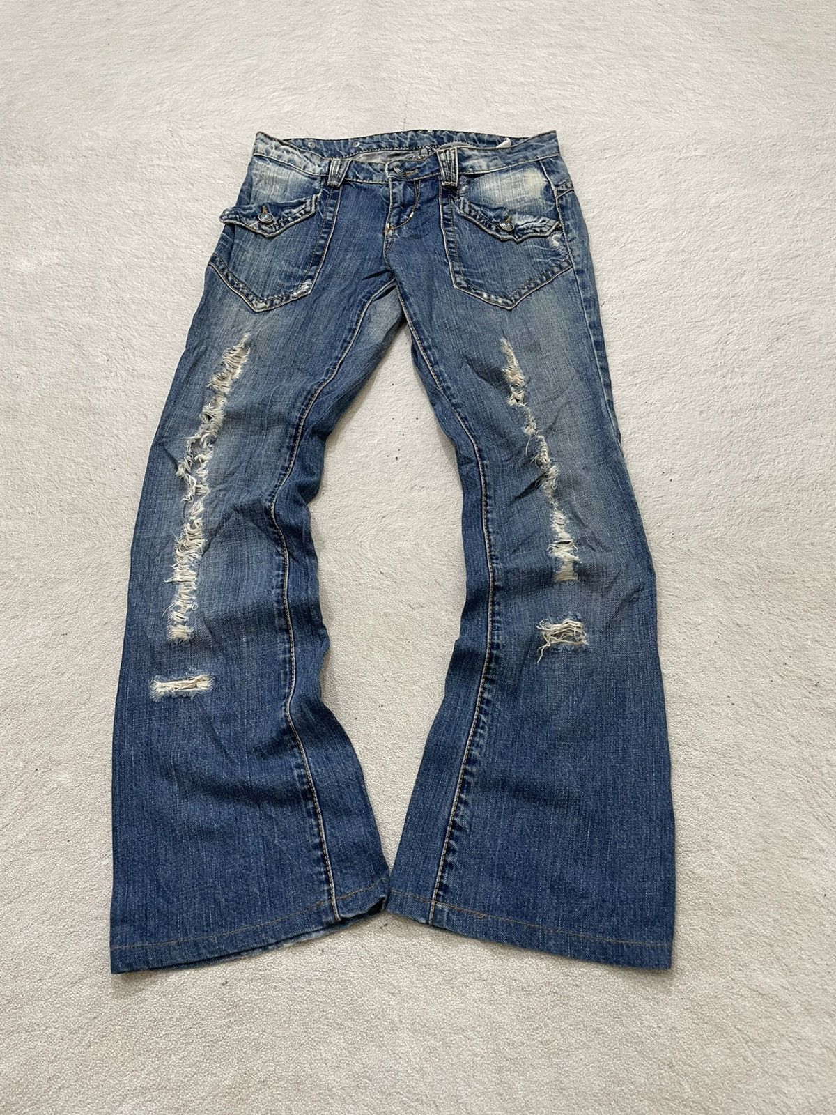 00s Japanese Flare Denim Distressed Bootcut Jeans Y2K Grunge