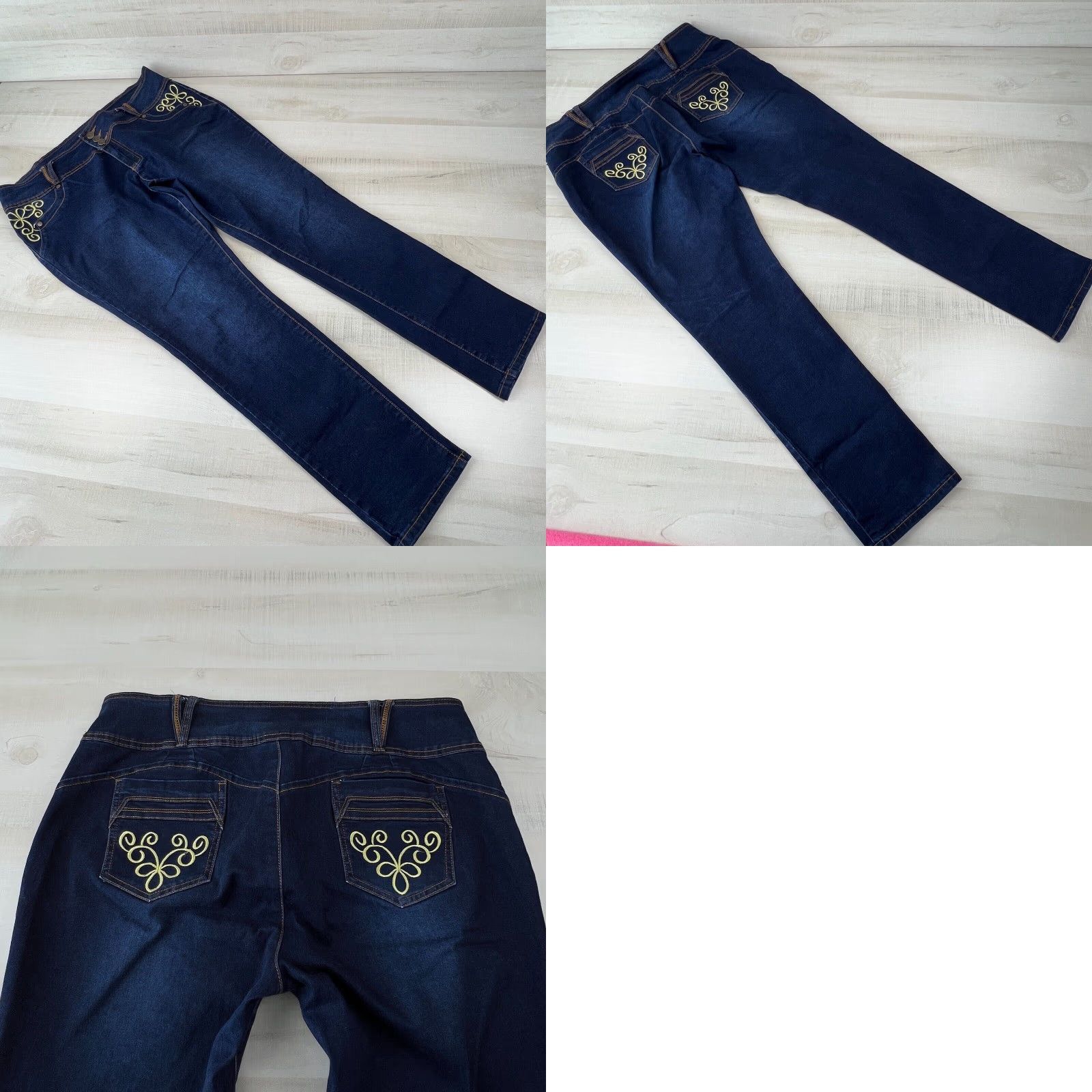 Vintage QQMY Womens Dark Wash Mid Rise Embroidered Pocket Juniors Jeans Size 21/22 Blue Cotton Blend Size 42" / US 20 - 8 Thumbnail