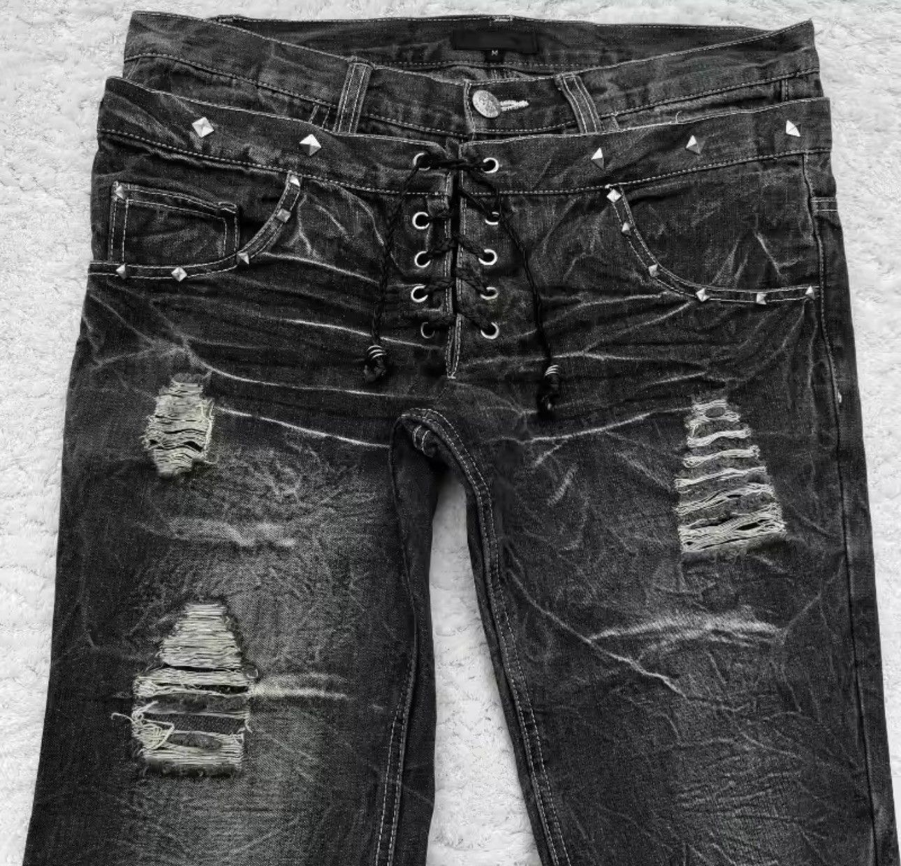 Japanese Brand Y2K Washed Flared Double Waisted Lace Up Jean Size US 32 / EU 48 - 3 Thumbnail