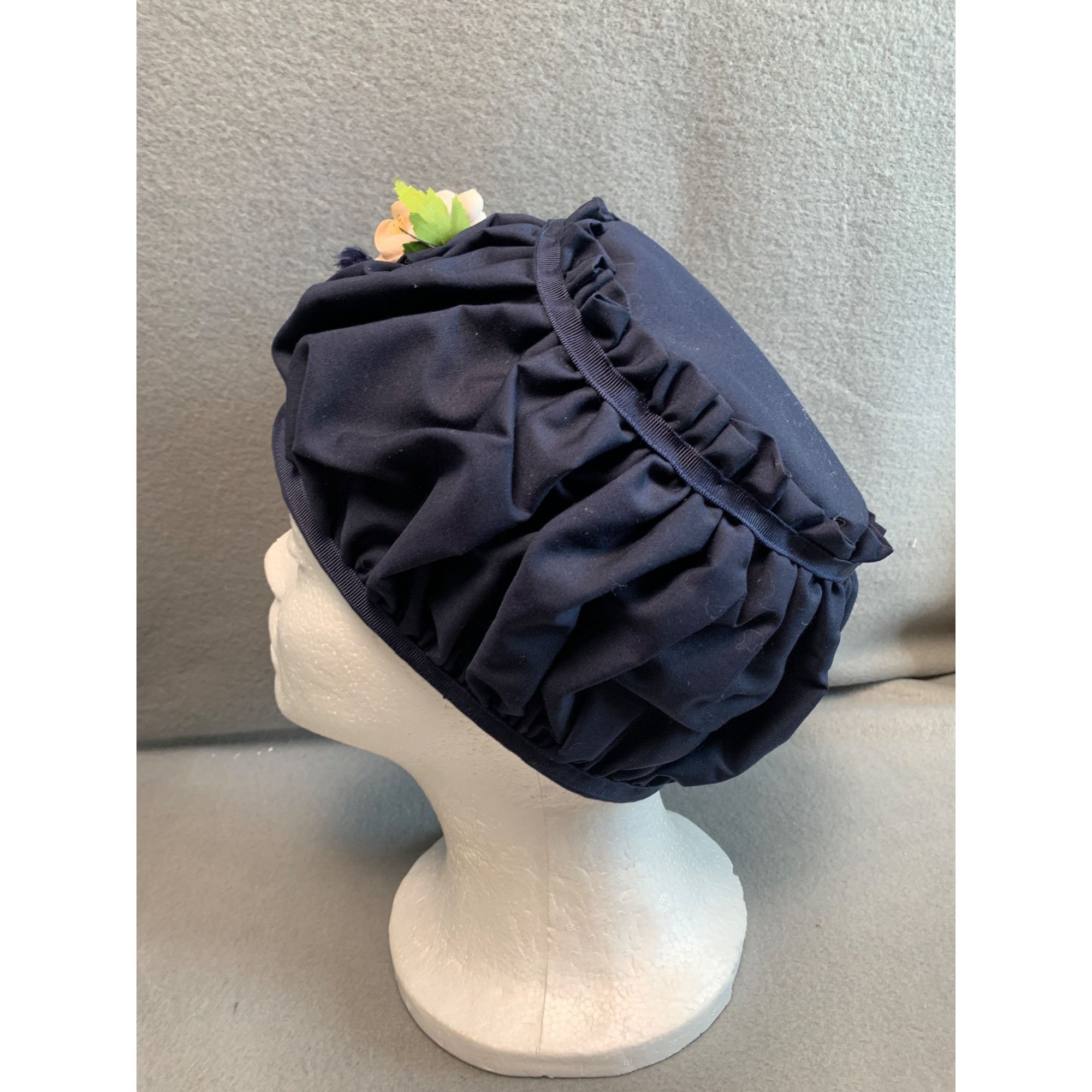 Vintage Handmade Navy Blue Ruffled Vintage Hat with Floral Accent by Size ONE SIZE - 5 Thumbnail