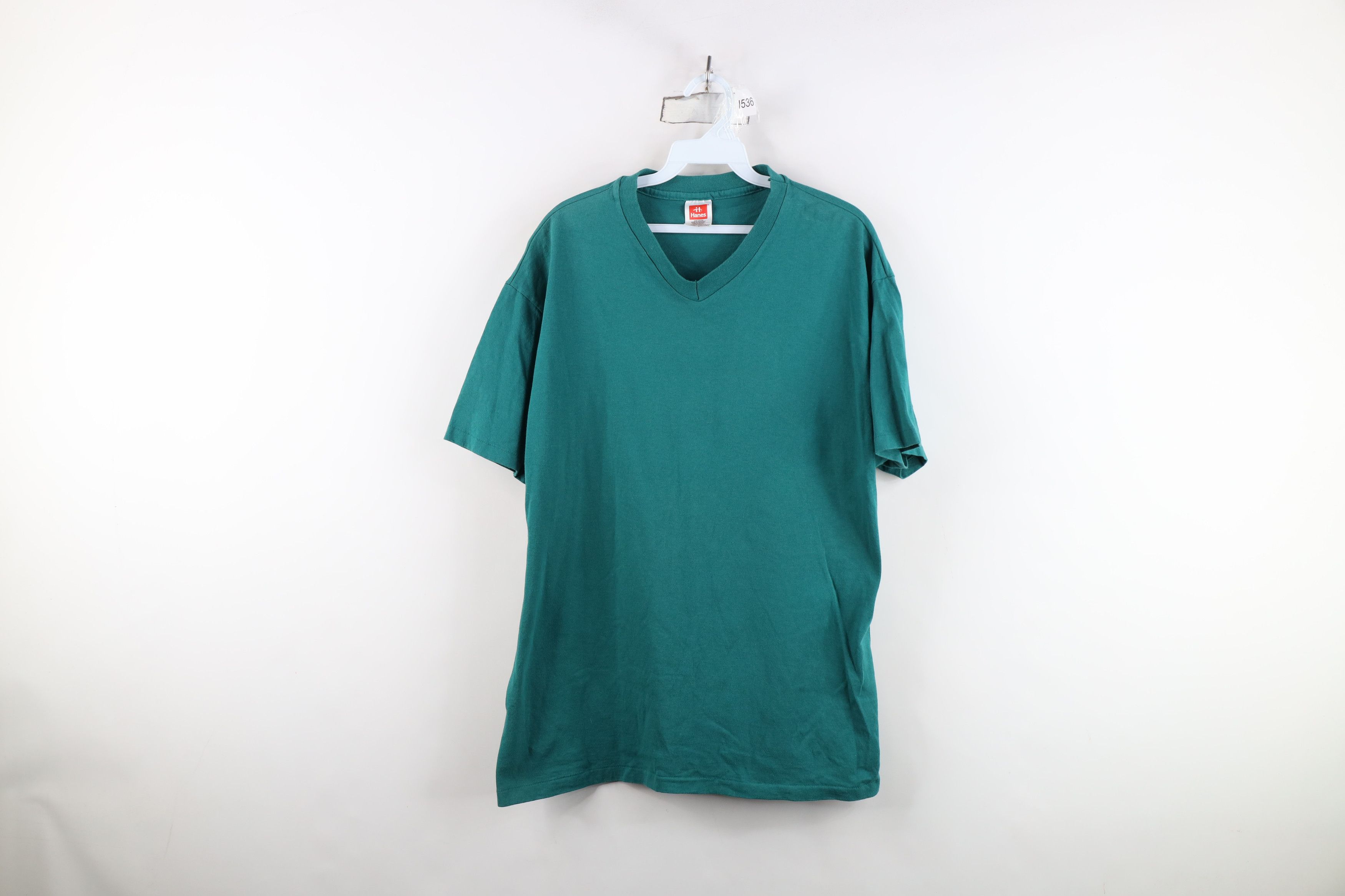 Hanes Vintage 90s Hanes Short Sleeve V-Neck T-Shirt Green Cotton Size US M / EU 48-50 / 2 - 1 Thumbnail
