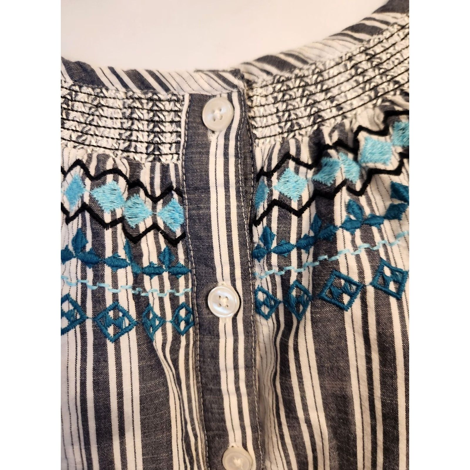 Vintage Catherines Blue White Stripe Embroidered Trim Balloon Sleeve Top Boho Hippie 0X Womens Blouse Size XL / US 12-14 / IT 48-50 - 2 Thumbnail