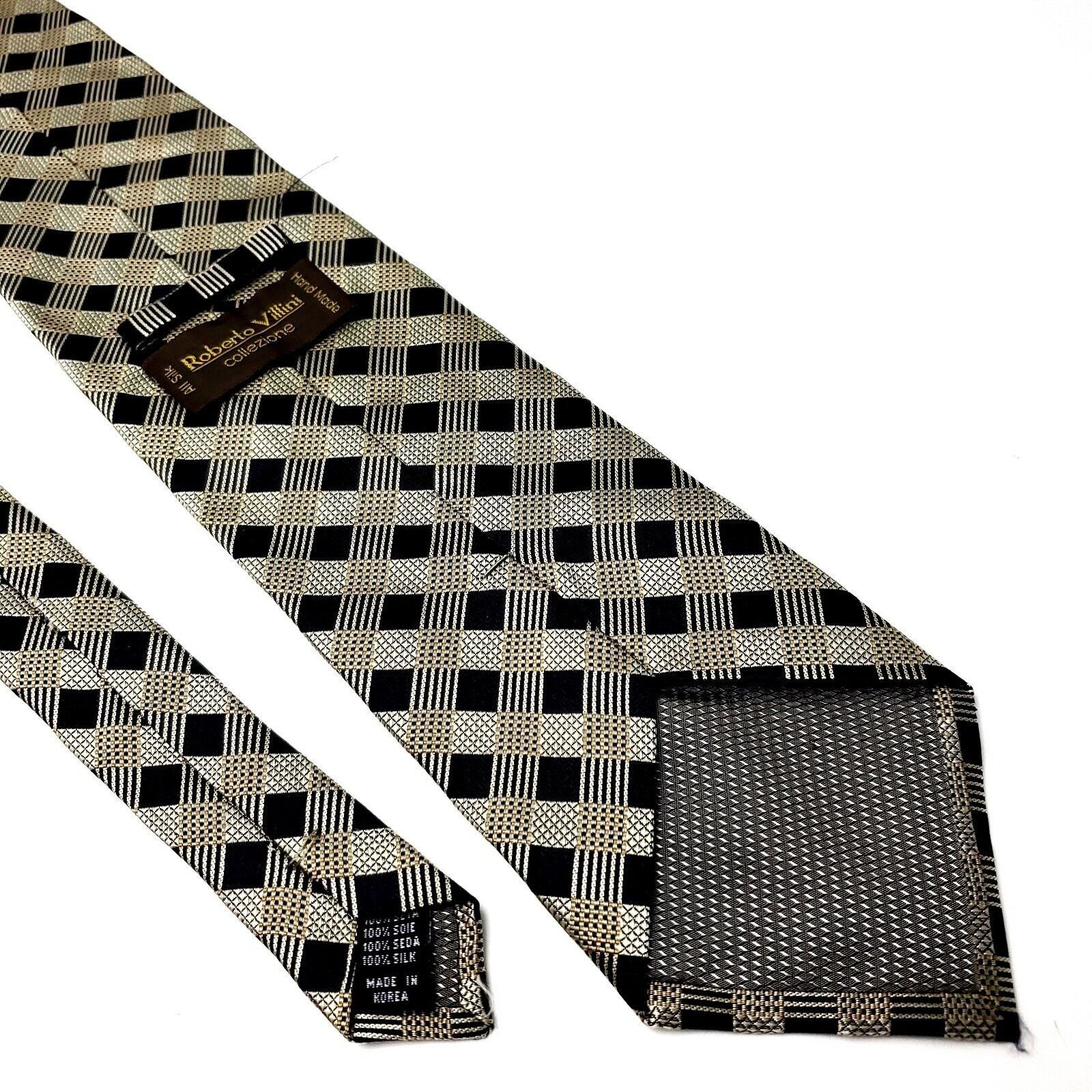 Robert Villini Roberto Villini Silk Tie Woven Black Gold Plaid Wide Size ONE SIZE - 5 Thumbnail