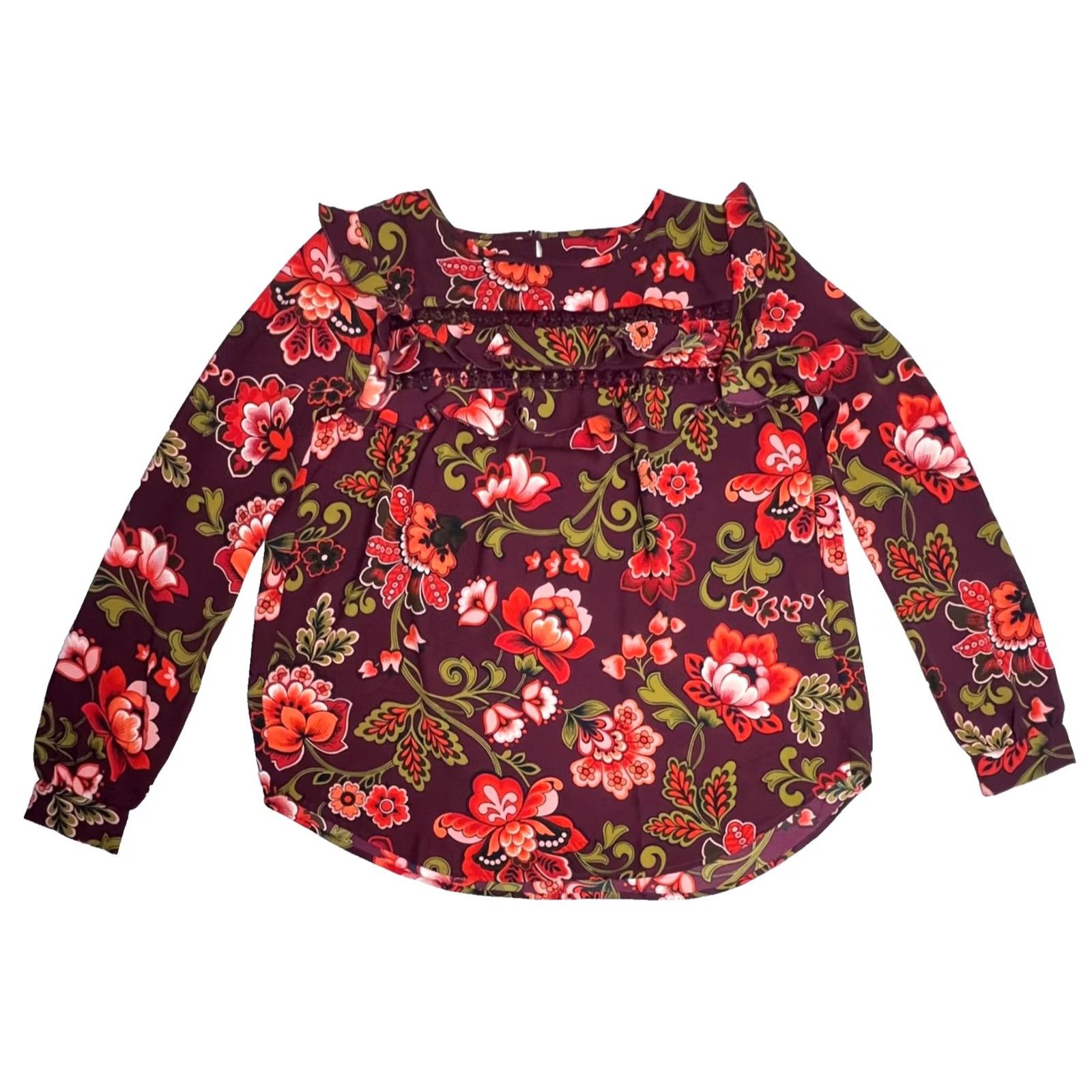 Loft LOFT Floral Crochet Long Sleeve Ruffle Top Womens XS Burgundy Red Olive Green Boho OfficeBlouse Size XS / US 0-2 / IT 36-38 - 3 Thumbnail