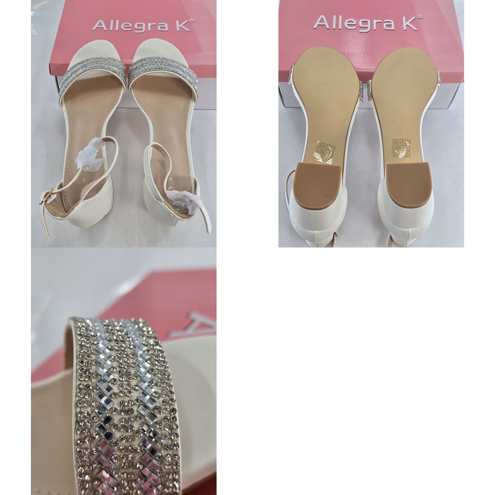 Vintage NIB Allegra K Women's Sparkly Rhinestone Ankle Strap Chunky Heel Sandals - Sz 9M, White - Sandal, 9M, Rhinestone, Strappy, Block Heel Size US 9 / IT 39 - 8 Thumbnail