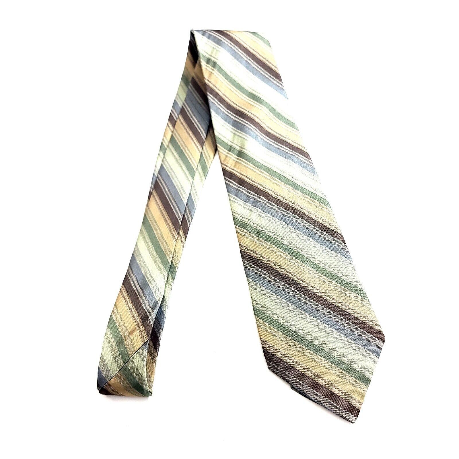 Calvin Klein Calvin Klein Green Tan Multi-Colored Woven Striped Silk Tie Size ONE SIZE - 6 Thumbnail