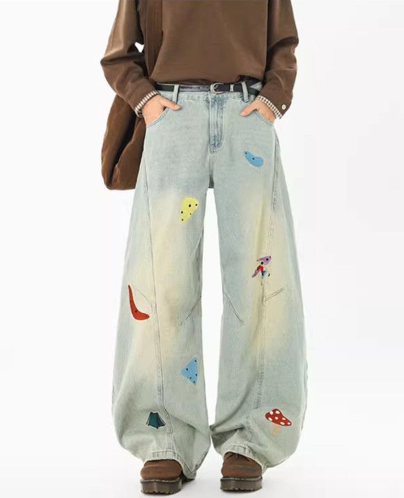 Vintage High-street fun embroidered curved blade patchwork jeans Size US 32 / EU 48 - 2 Thumbnail