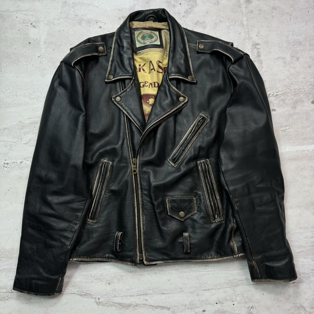 Vintage Washed Boxy Biker Leather Jacket Faded 90s Ramones