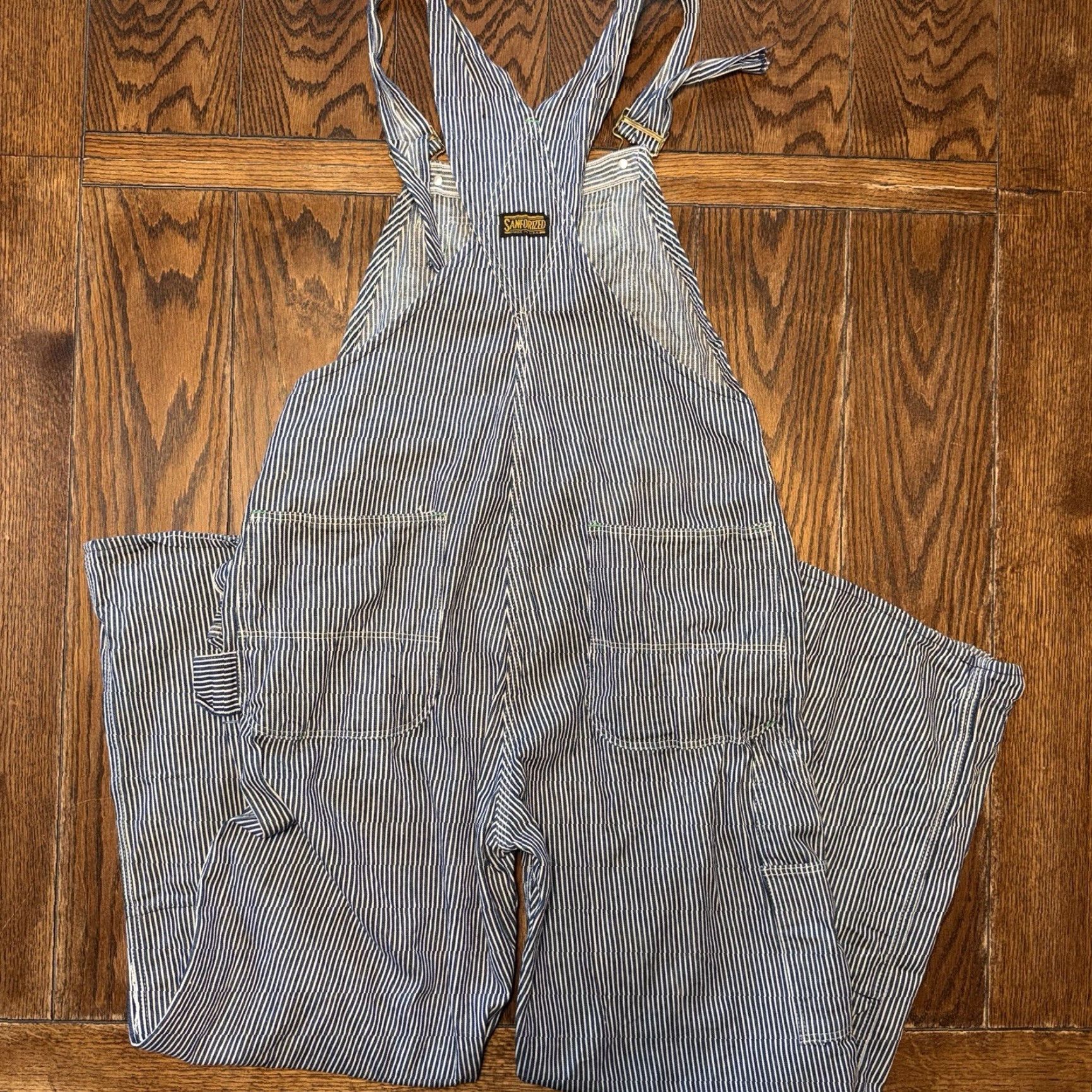 Lee VINTAGE Lee Overalls Union Made In USA Striped Button Fly 38x30 Denim Blue White Stripe 70s Farmers Work Mens Size US 38 / EU 54 - 7 Thumbnail